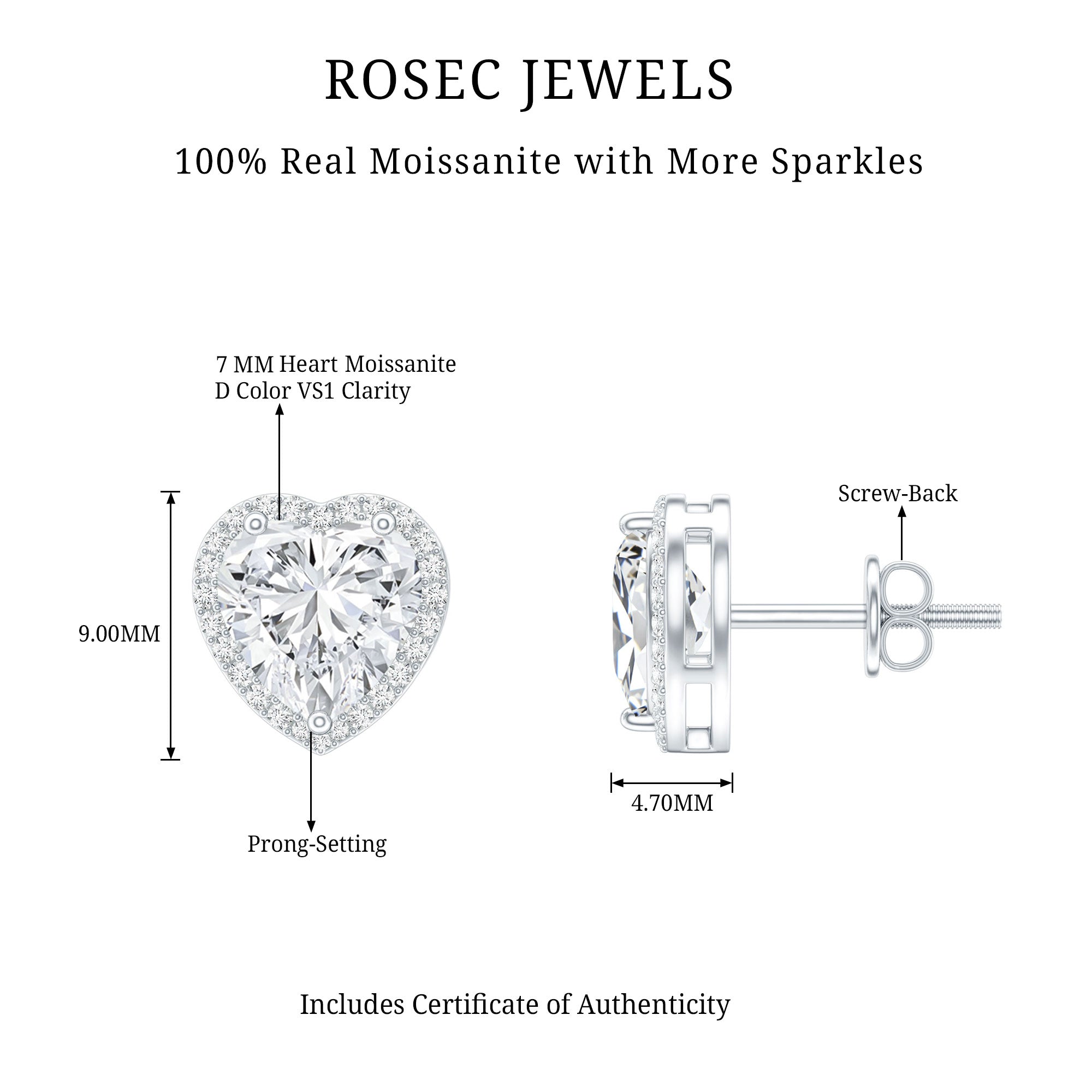 Certified 3 Carat Heart Moissanite Halo Stud Earrings D-VS1 92.5 Sterling Silver - Rosec Jewels