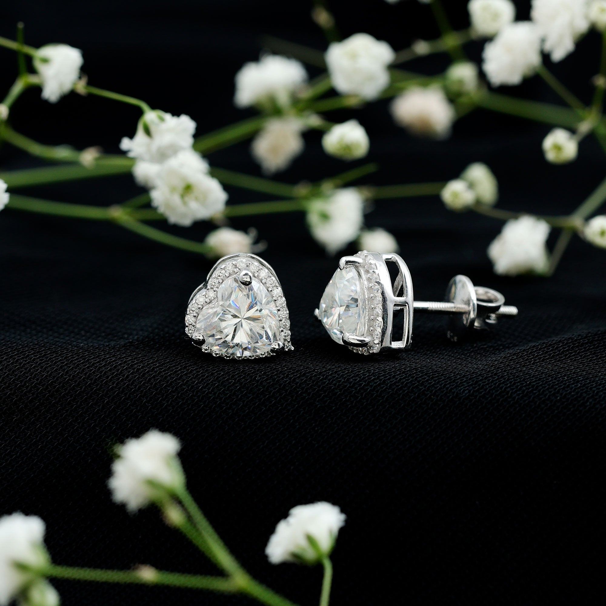 Certified 3 Carat Heart Moissanite Halo Stud Earrings D-VS1 92.5 Sterling Silver - Rosec Jewels