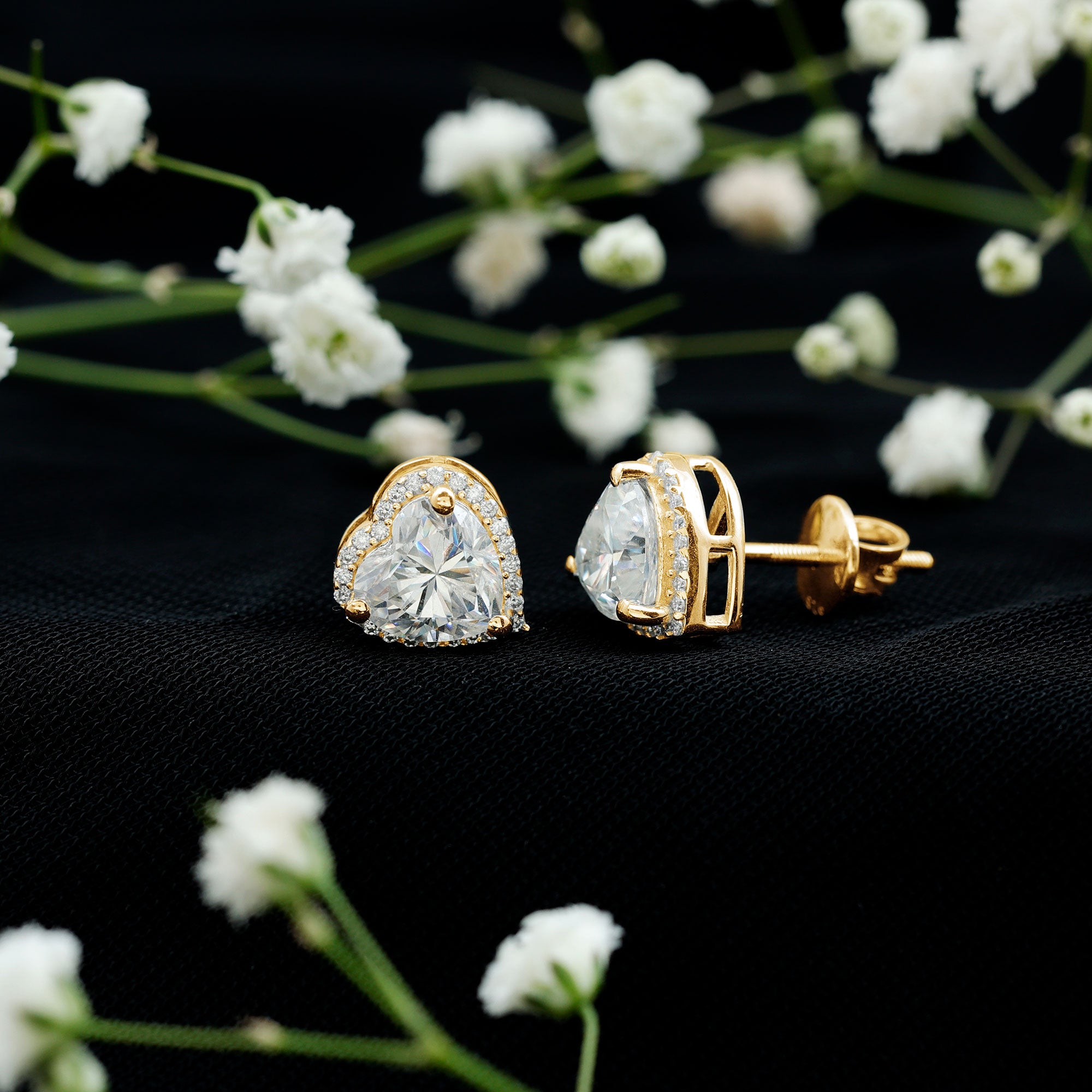Certified Moissanite Heart Stud Earrings with Halo D-VS1 - Rosec Jewels