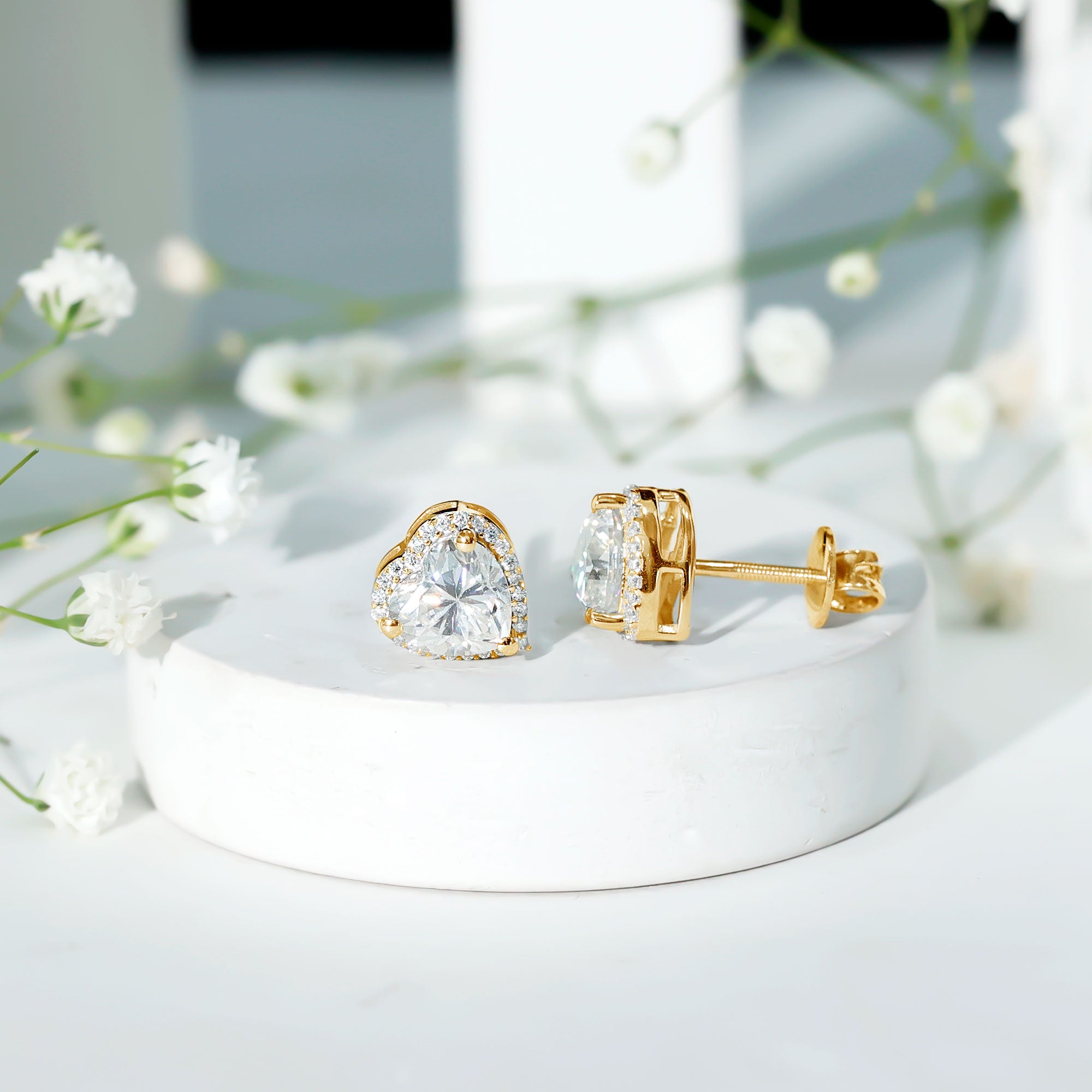 Certified Moissanite Heart Stud Earrings with Halo D-VS1 - Rosec Jewels