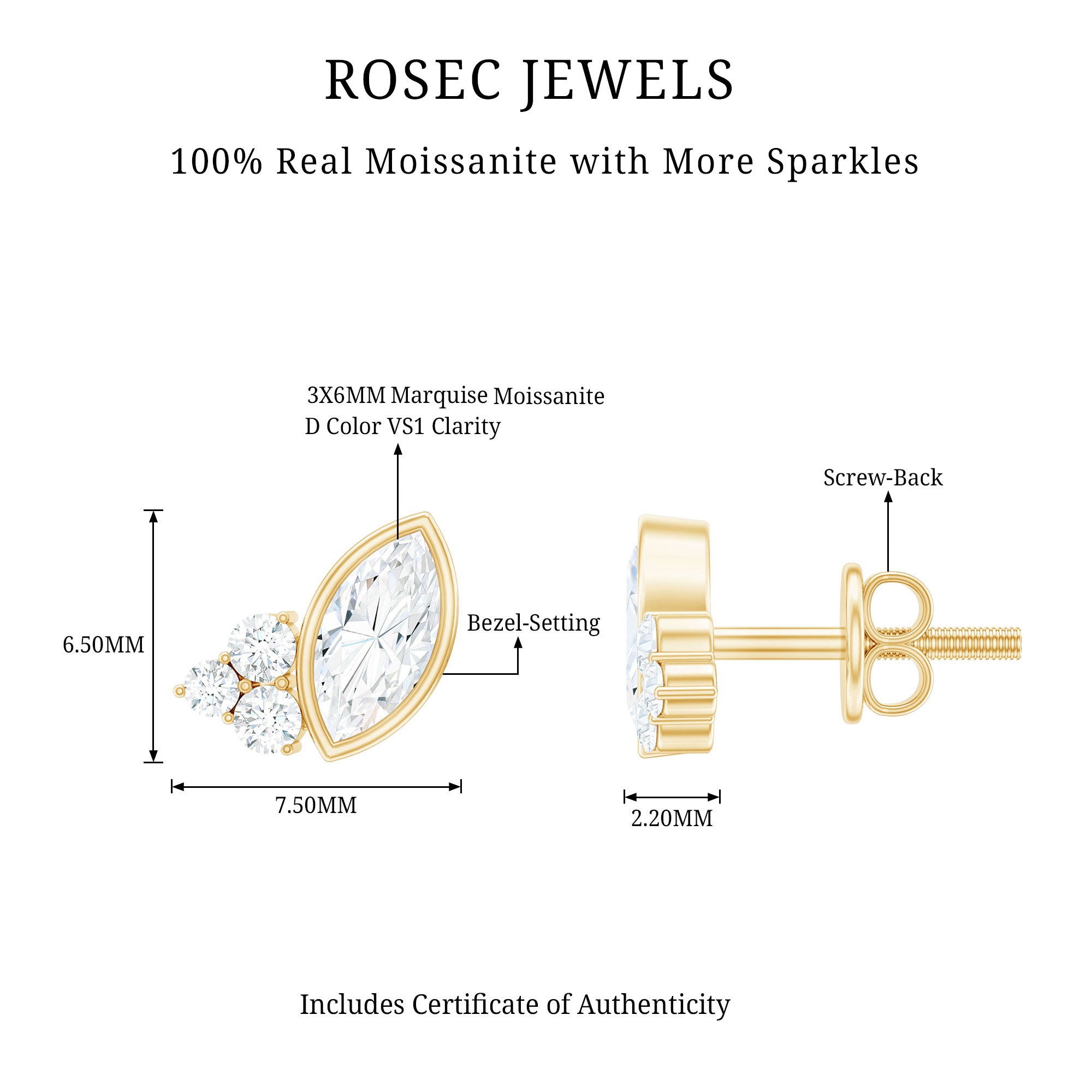 Marquise Shape Moissanite Stud Earrings with Screw Back D-VS1 - Rosec Jewels