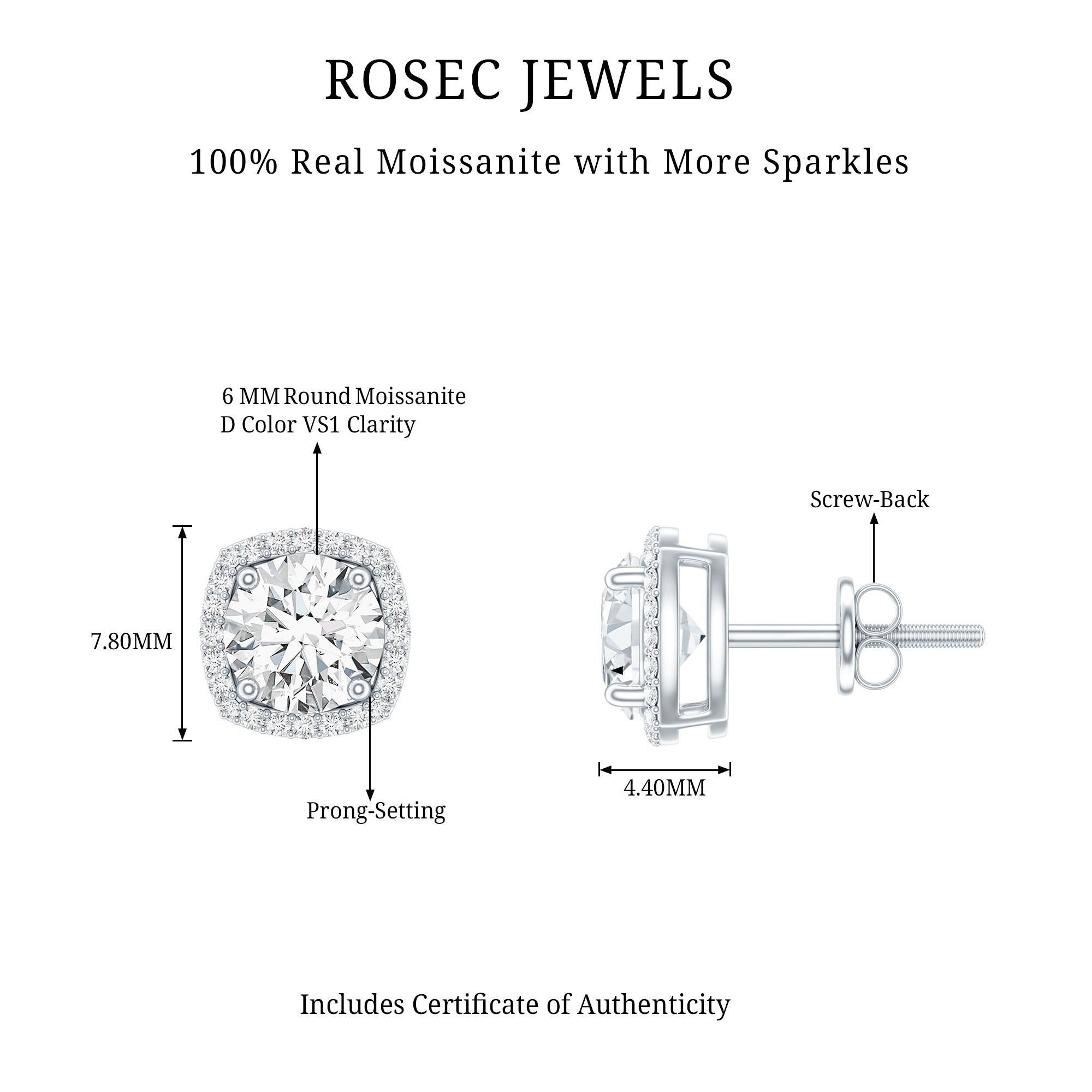 2.25 CT Round Shape Moissanite Stud Earrings with Halo D-VS1 - Rosec Jewels
