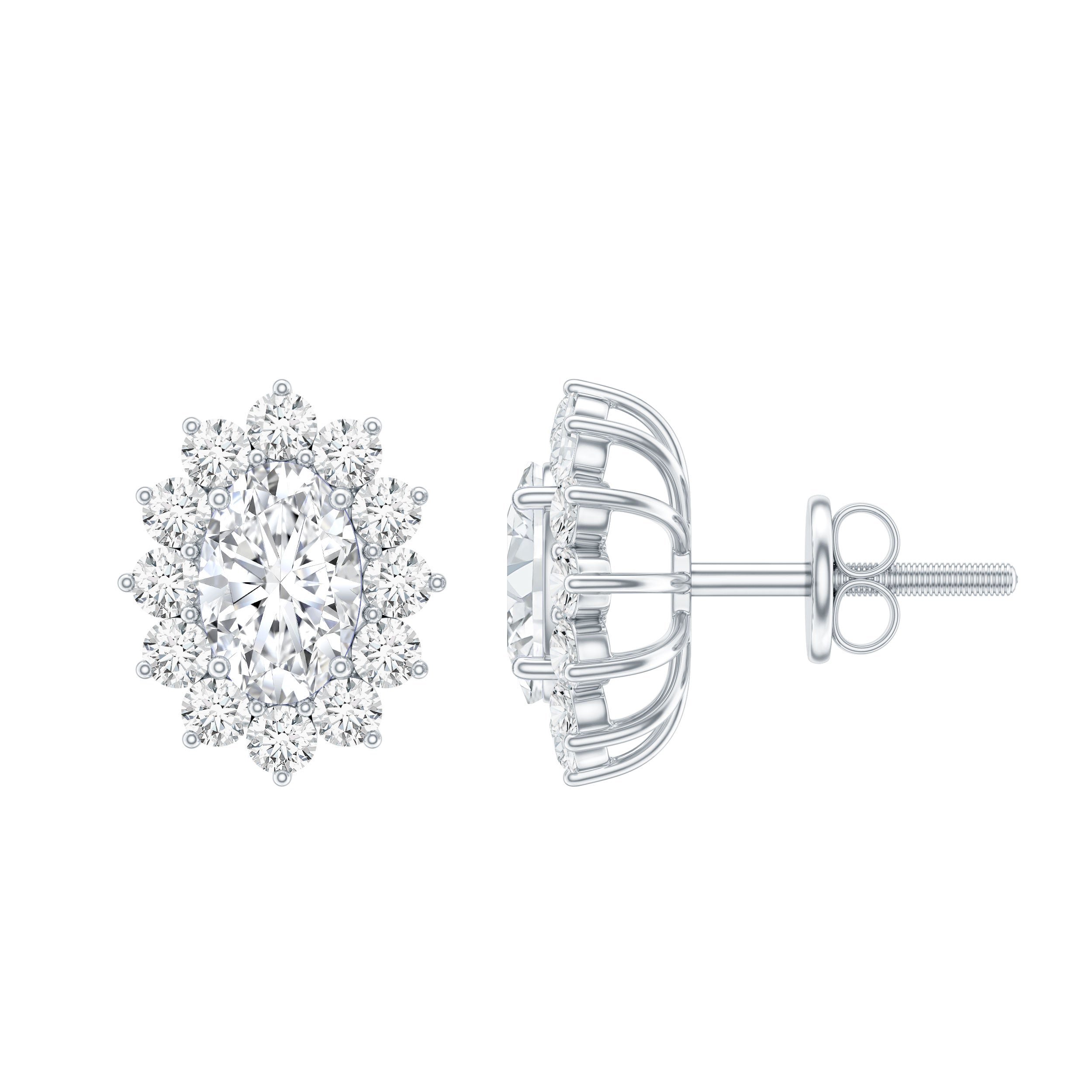 Certified Oval Shaped Moissanite Halo Stud Earrings in Silver D-VS1 92.5 Sterling Silver - Rosec Jewels
