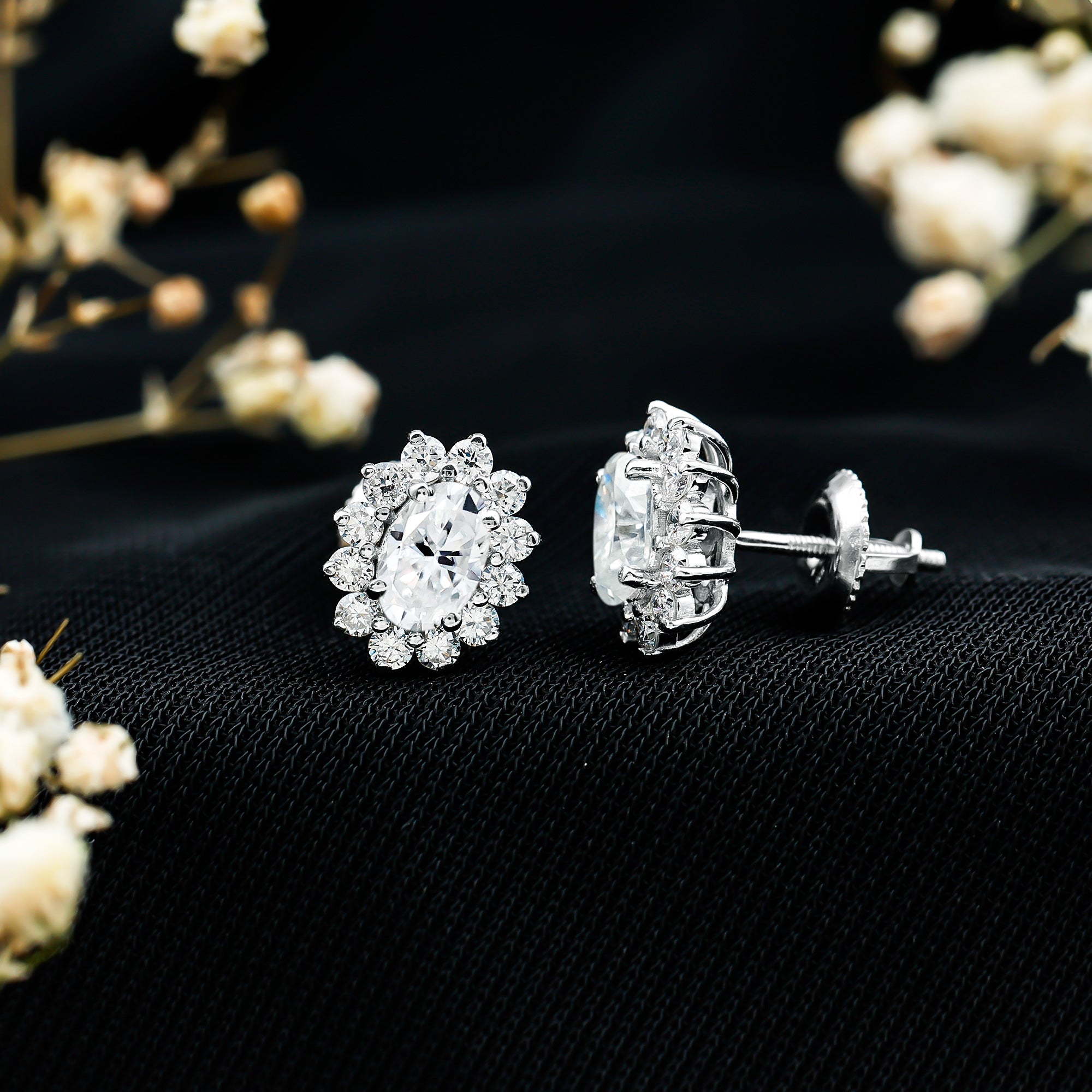Certified Oval Shaped Moissanite Halo Stud Earrings in Silver D-VS1 92.5 Sterling Silver - Rosec Jewels