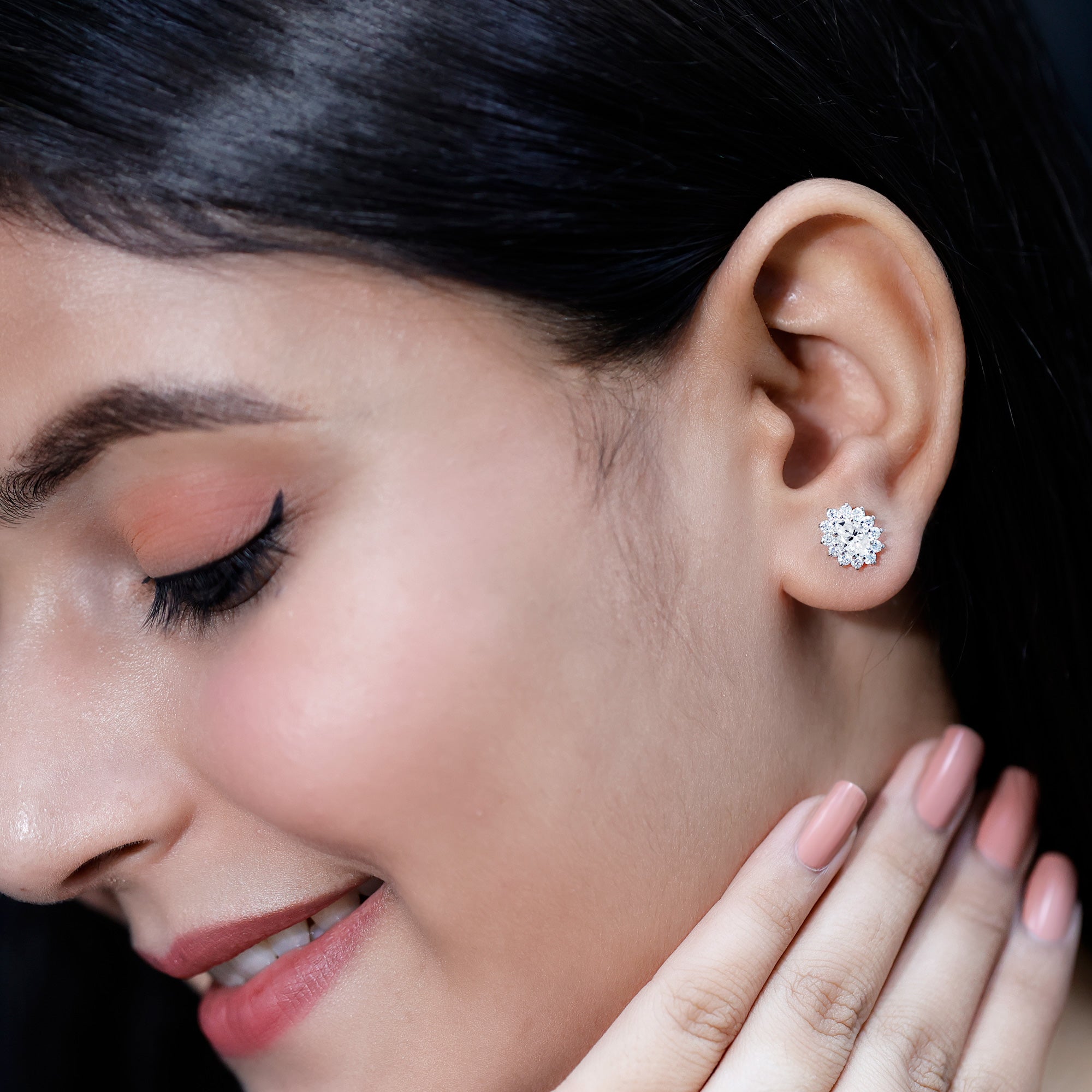 Certified Oval Shaped Moissanite Halo Stud Earrings in Silver D-VS1 92.5 Sterling Silver - Rosec Jewels