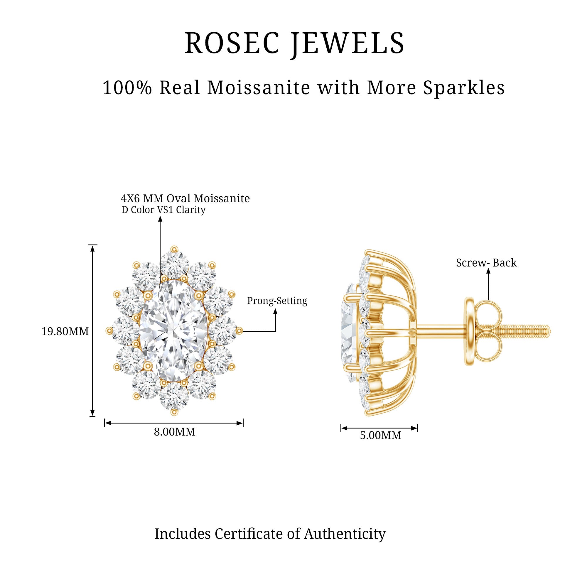 Certified Moissanite Oval Stud Earrings with Halo D-VS1 - Rosec Jewels