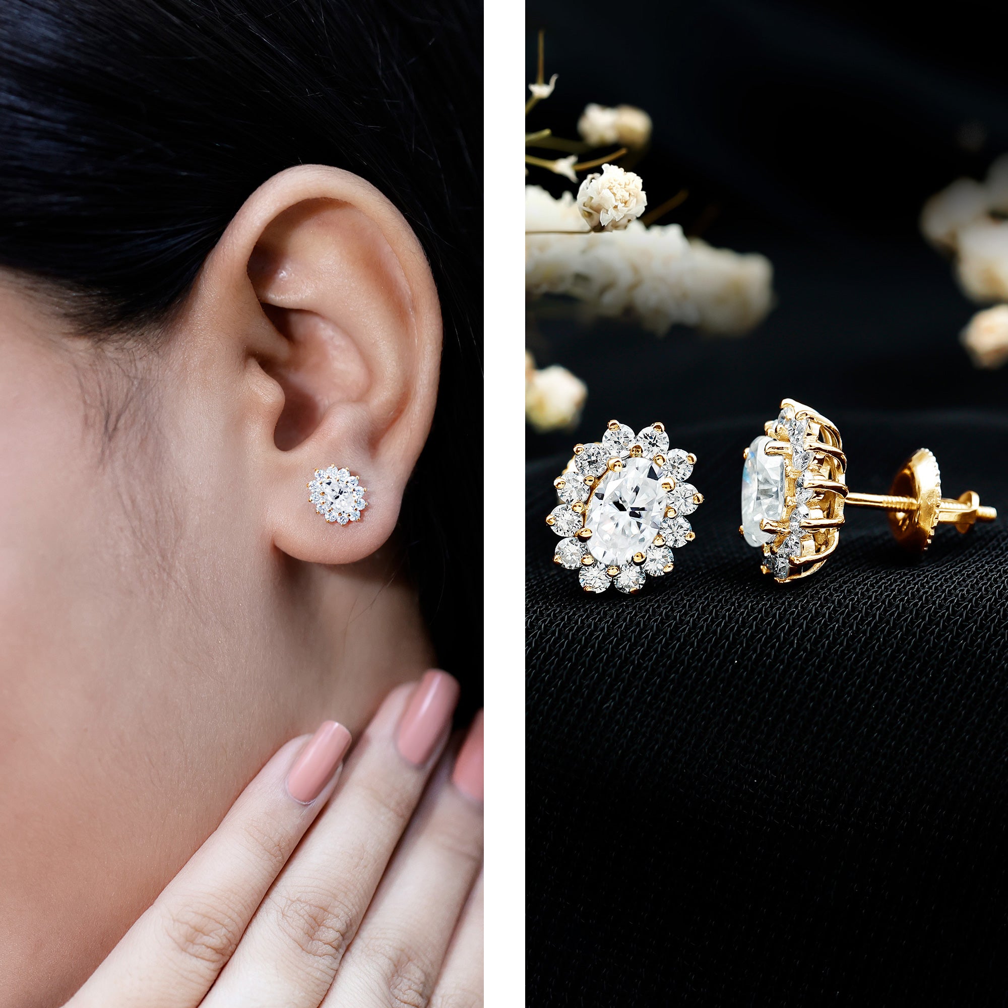 Certified Moissanite Oval Stud Earrings with Halo D-VS1 - Rosec Jewels