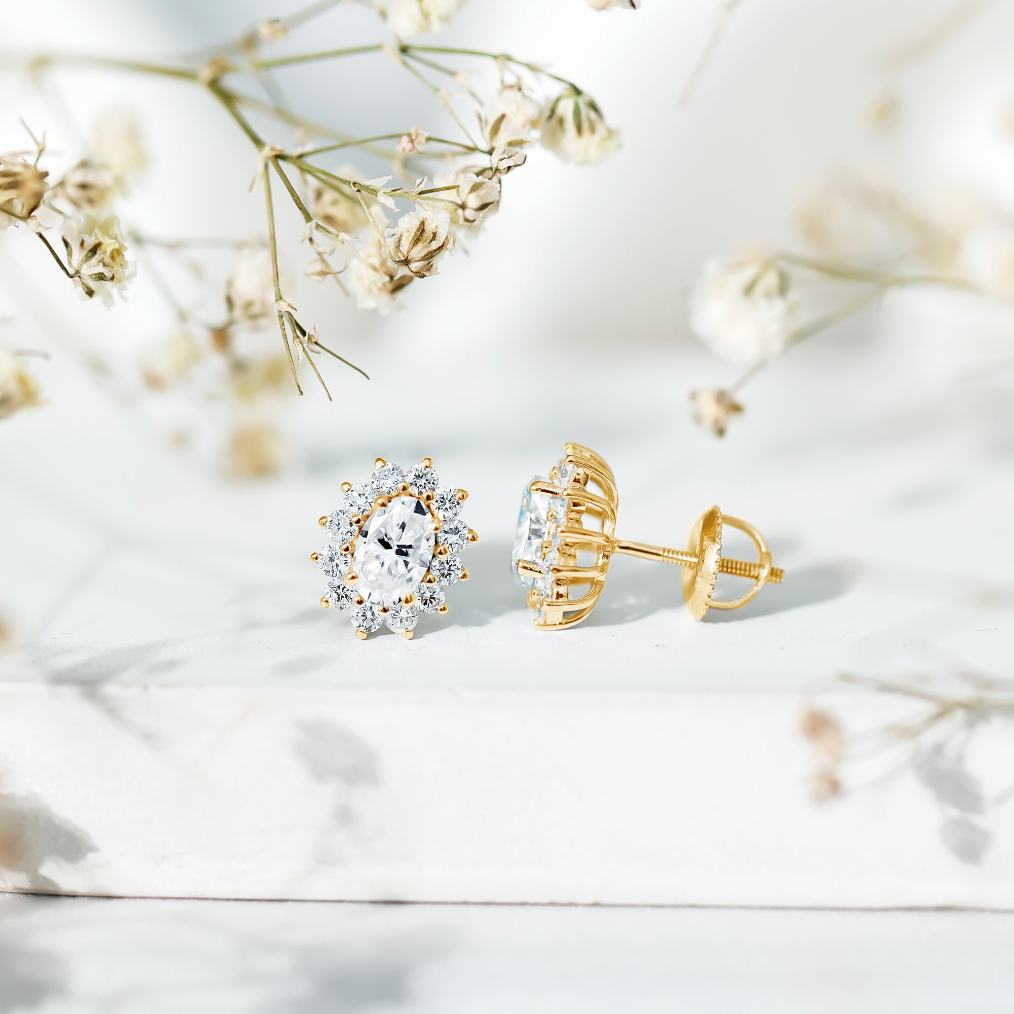 Certified Moissanite Oval Stud Earrings with Halo D-VS1 - Rosec Jewels
