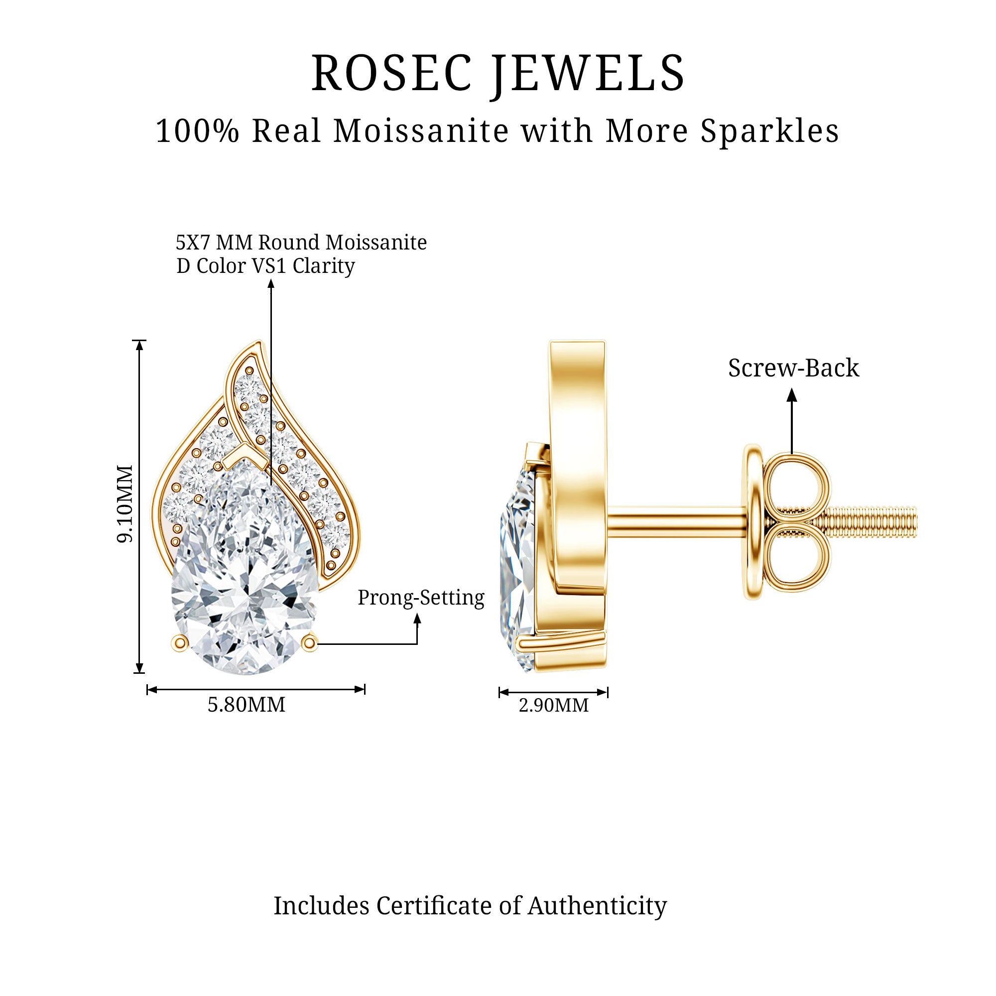 Classic 1.5 Carat Moissanite Stud Earrings with Screw Back D-VS1 - Rosec Jewels