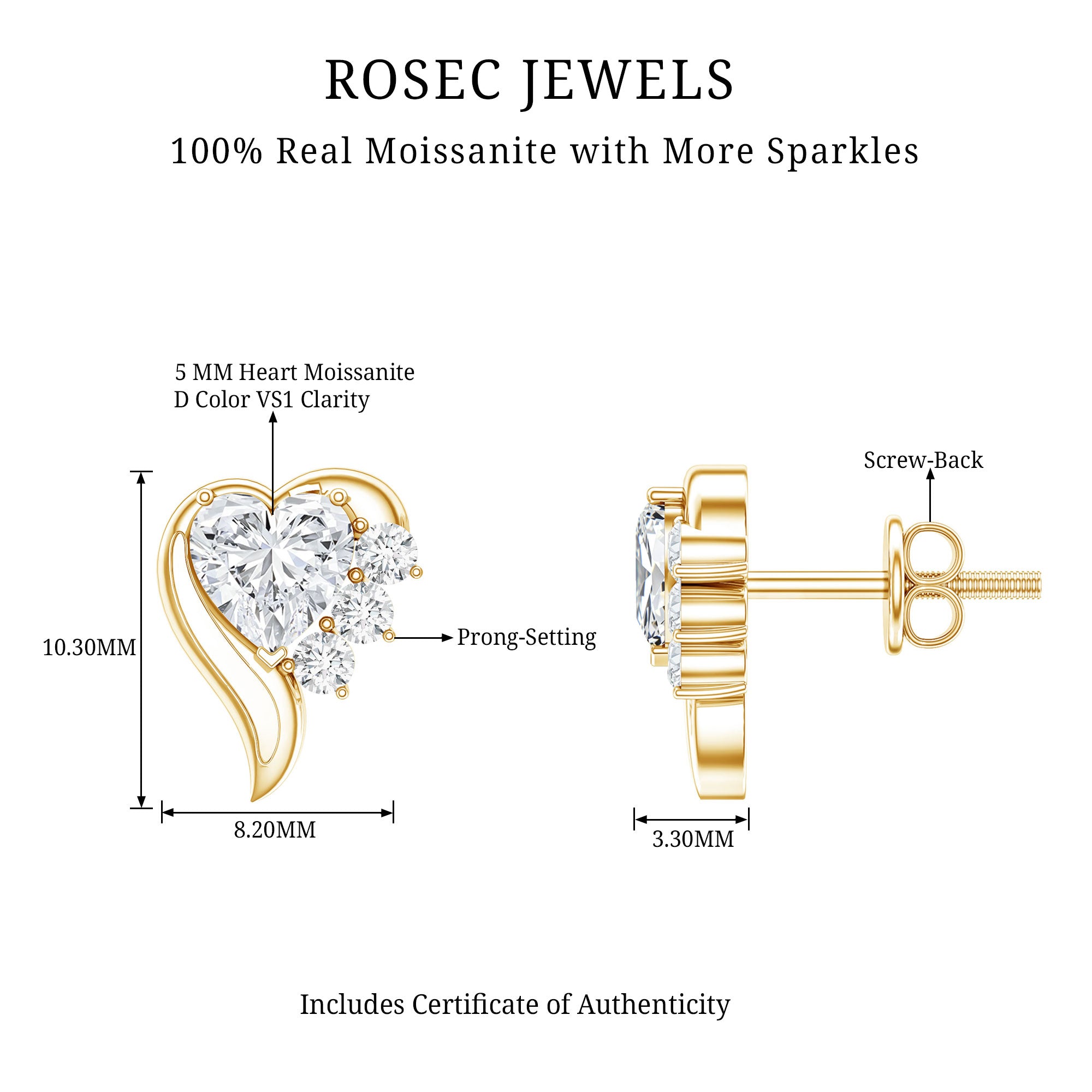 Heart Shape Moissanite Stud Earrings with Screw Back D-VS1 - Rosec Jewels