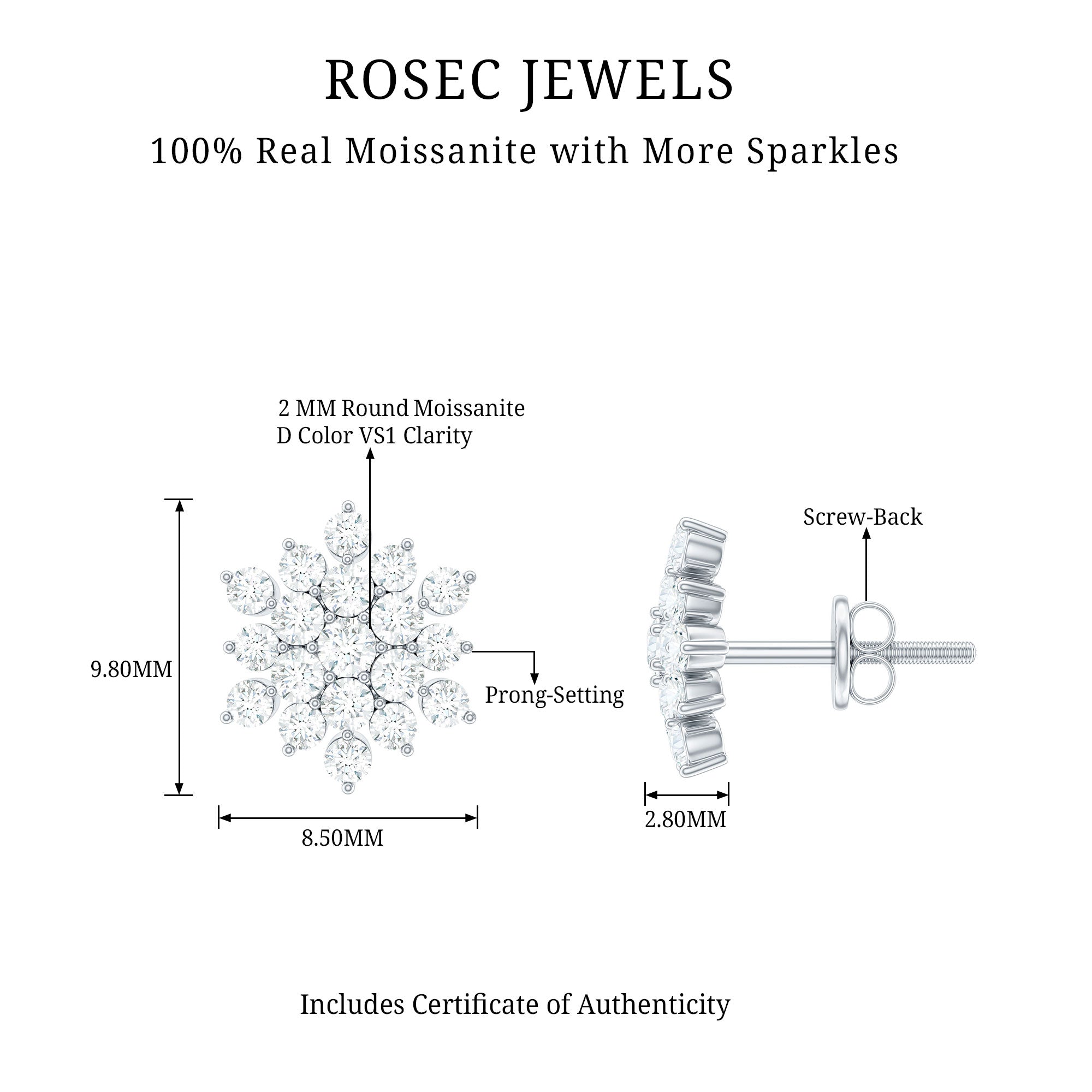 Certified Moissanite Cluster Stud Earrings for Women D-VS1 - Rosec Jewels