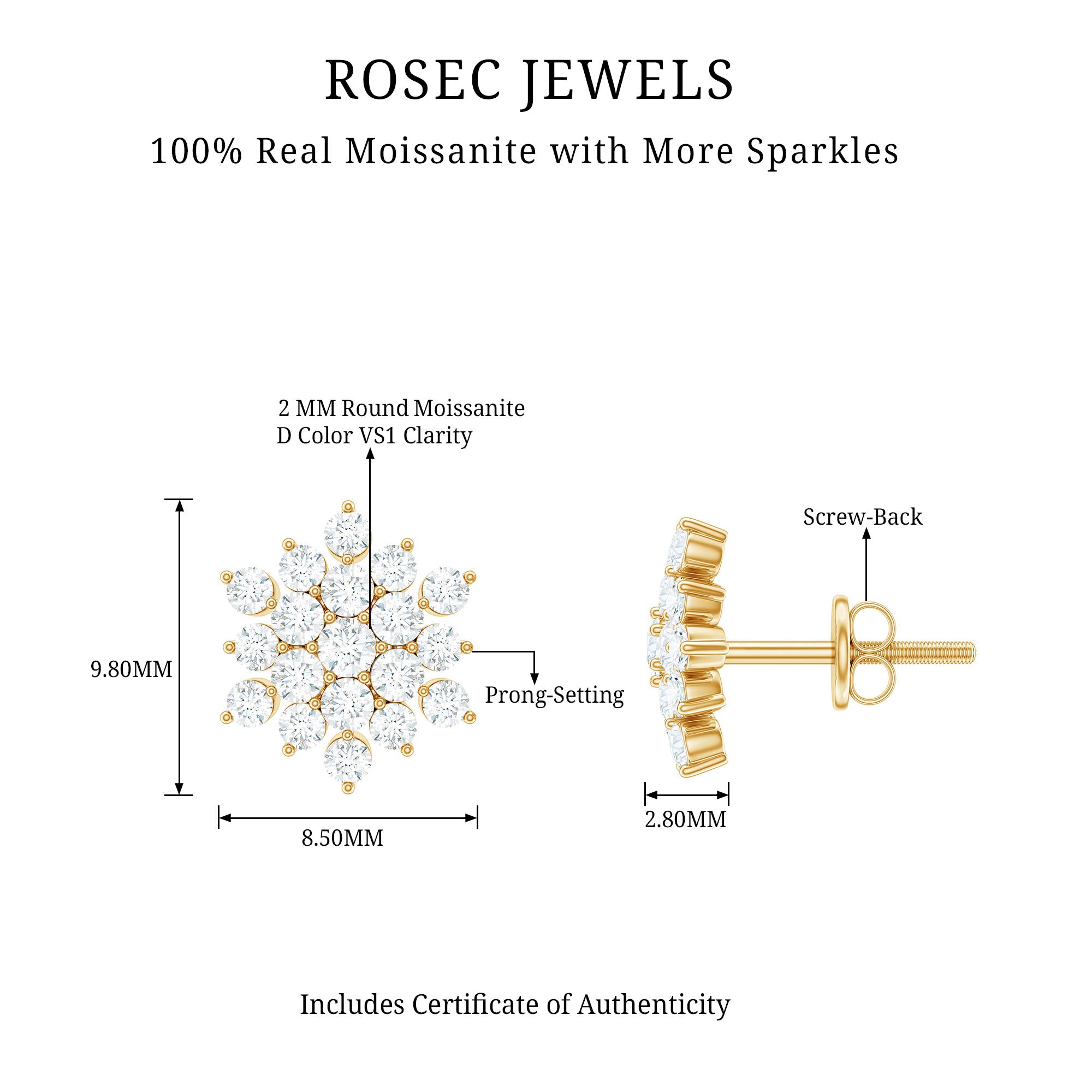 Certified Moissanite Cluster Stud Earrings for Women D-VS1 - Rosec Jewels