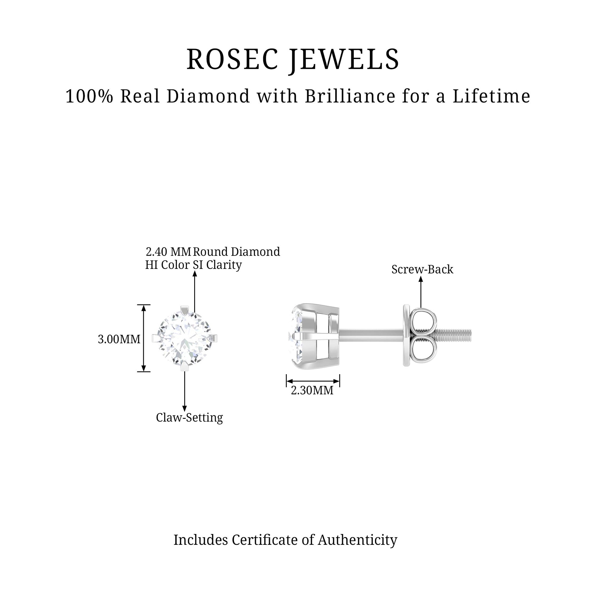 Dainty Diamond Solitaire Stud Earrings Natural - ( HI-SI ) - Rosec Jewels