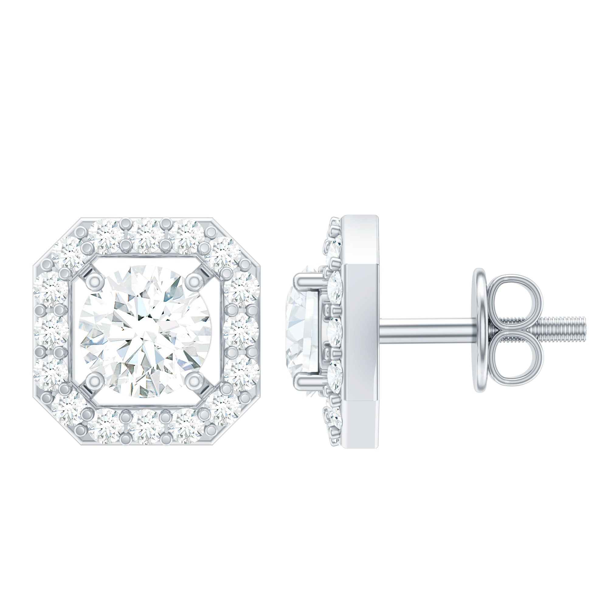 Round Cut Certified Moissanite Halo Stud Earrings in Gold