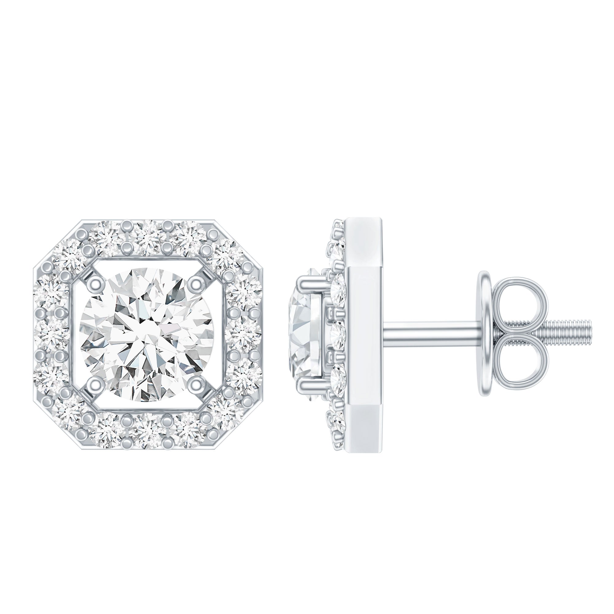 Round Cut Certified Moissanite Halo Stud Earrings with Screw Back D-VS1 - Rosec Jewels
