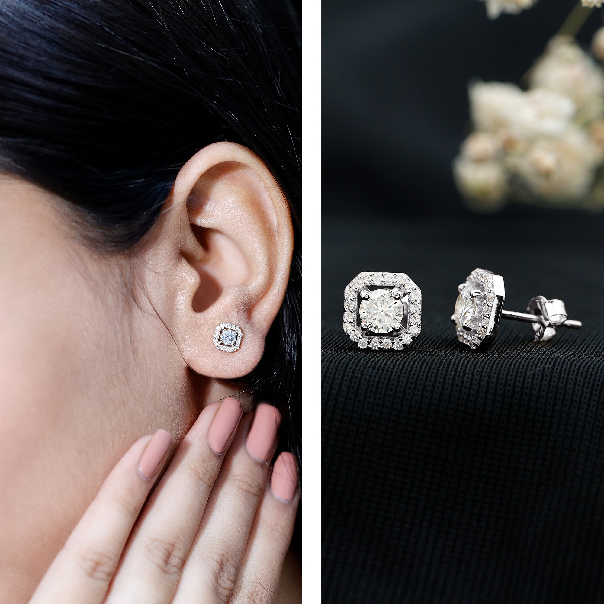Round Cut Certified Moissanite Halo Stud Earrings with Screw Back D-VS1 - Rosec Jewels