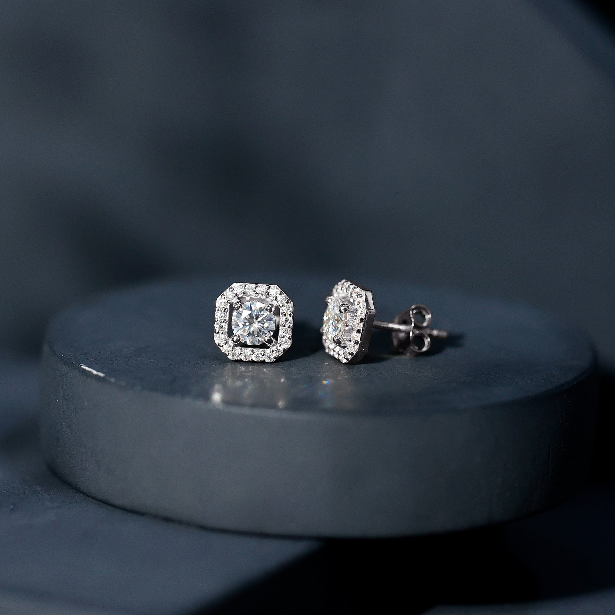 Round Cut Certified Moissanite Halo Stud Earrings with Screw Back D-VS1 - Rosec Jewels