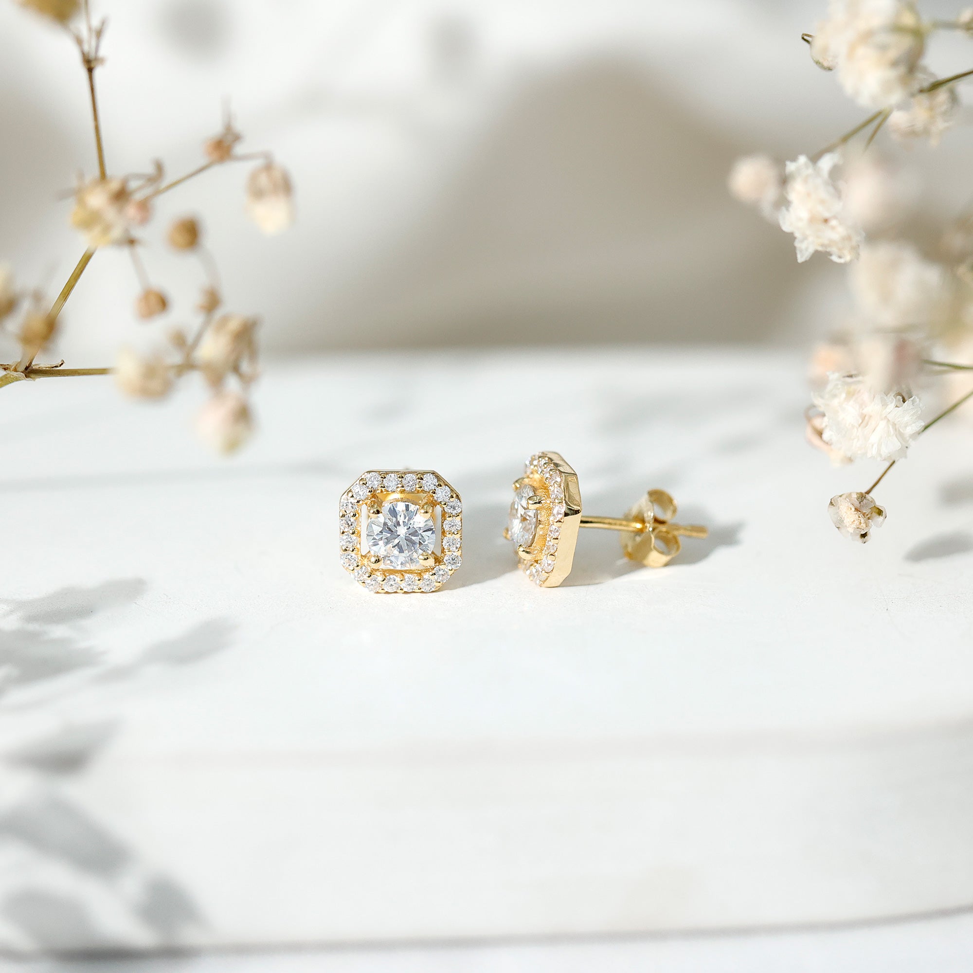 Round Cut Certified Moissanite Halo Stud Earrings with Screw Back D-VS1 - Rosec Jewels