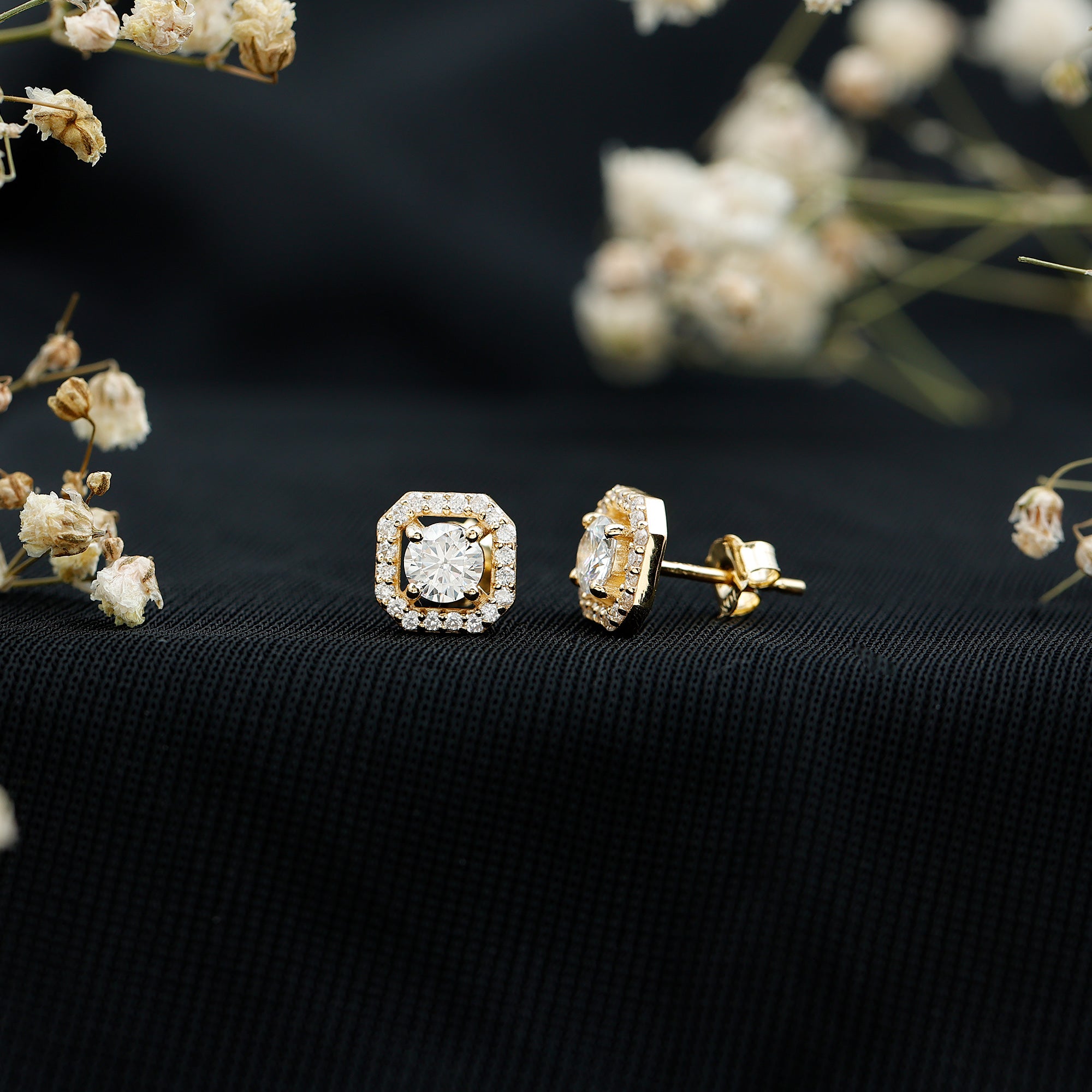 Round Cut Certified Moissanite Halo Stud Earrings with Screw Back D-VS1 - Rosec Jewels