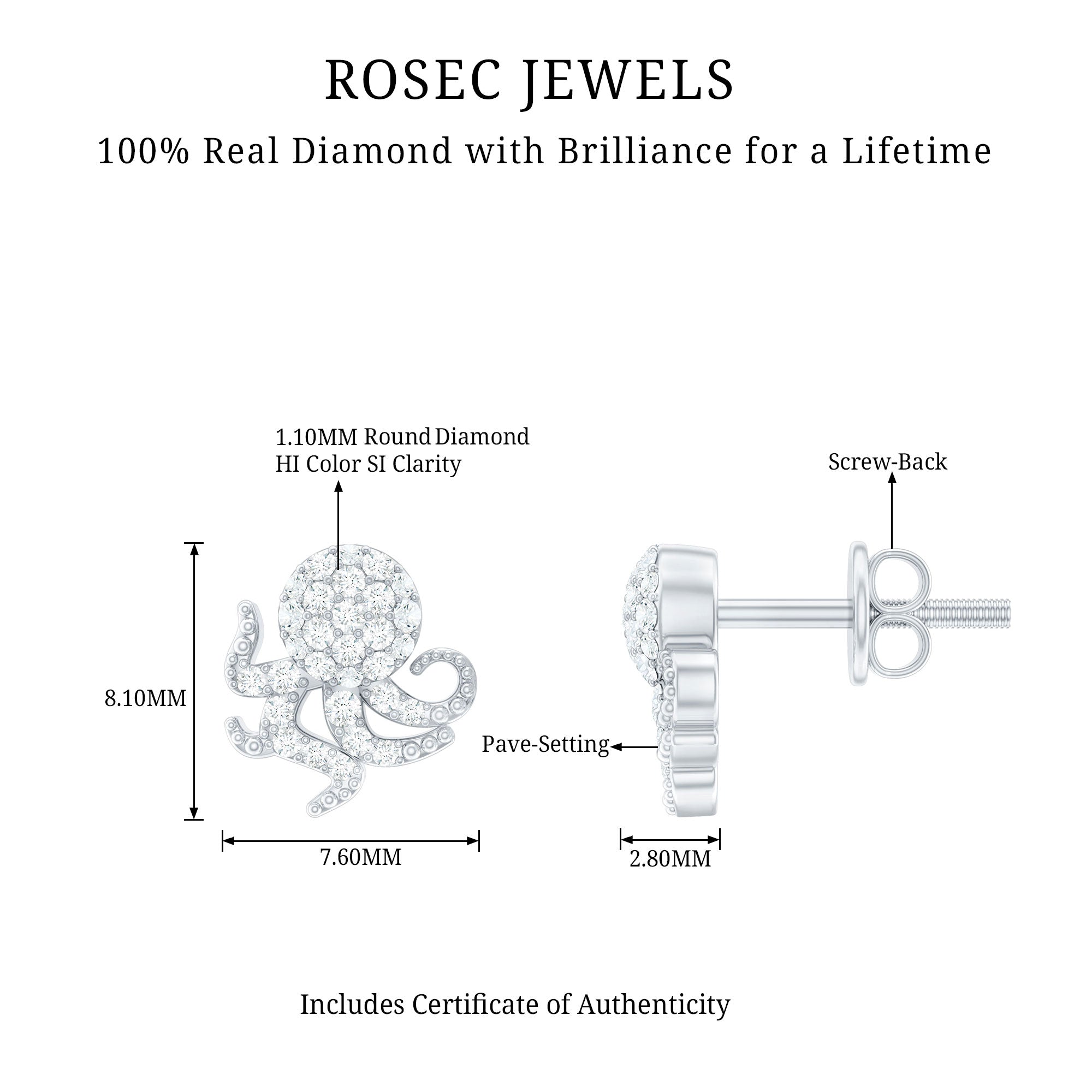 Real Diamond Octopus Stud Earrings for Women Natural - ( HI-SI ) - Rosec Jewels