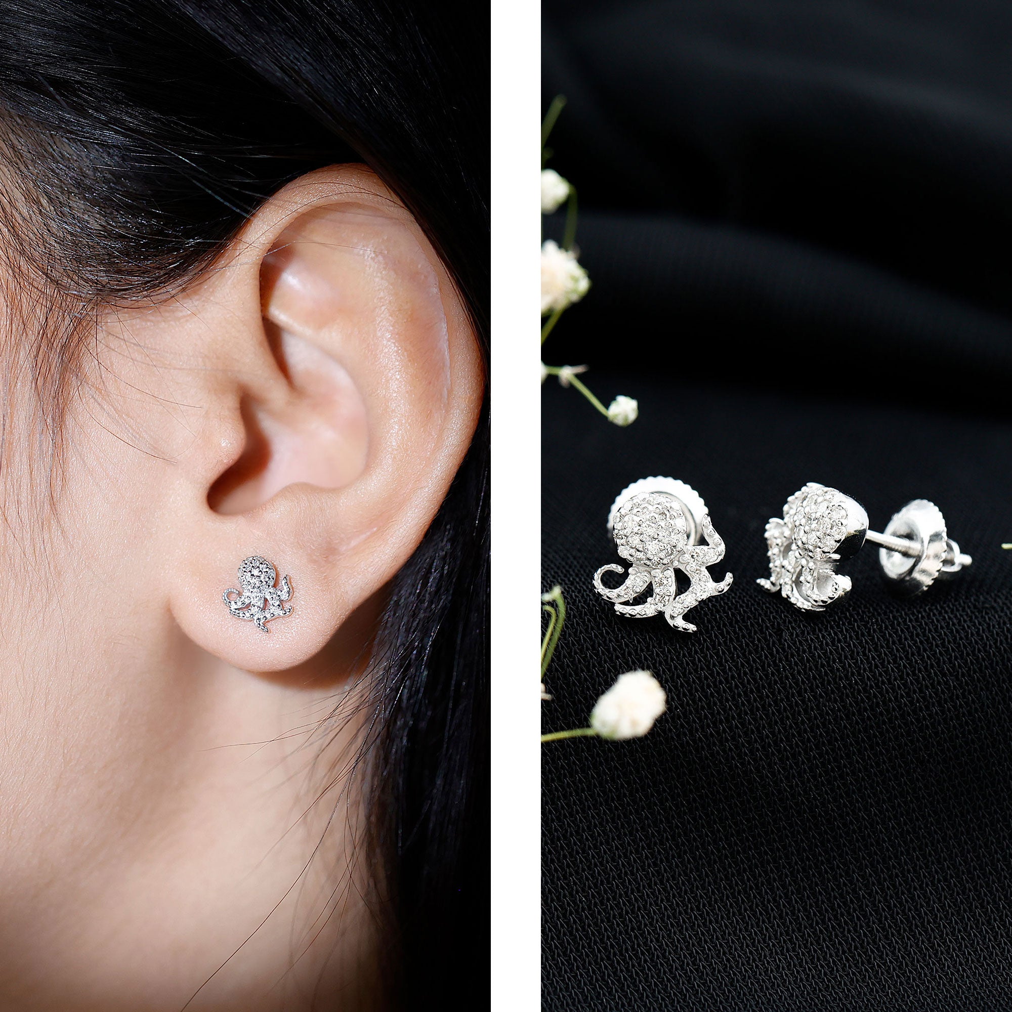 Real Diamond Octopus Stud Earrings for Women Natural - ( HI-SI ) - Rosec Jewels