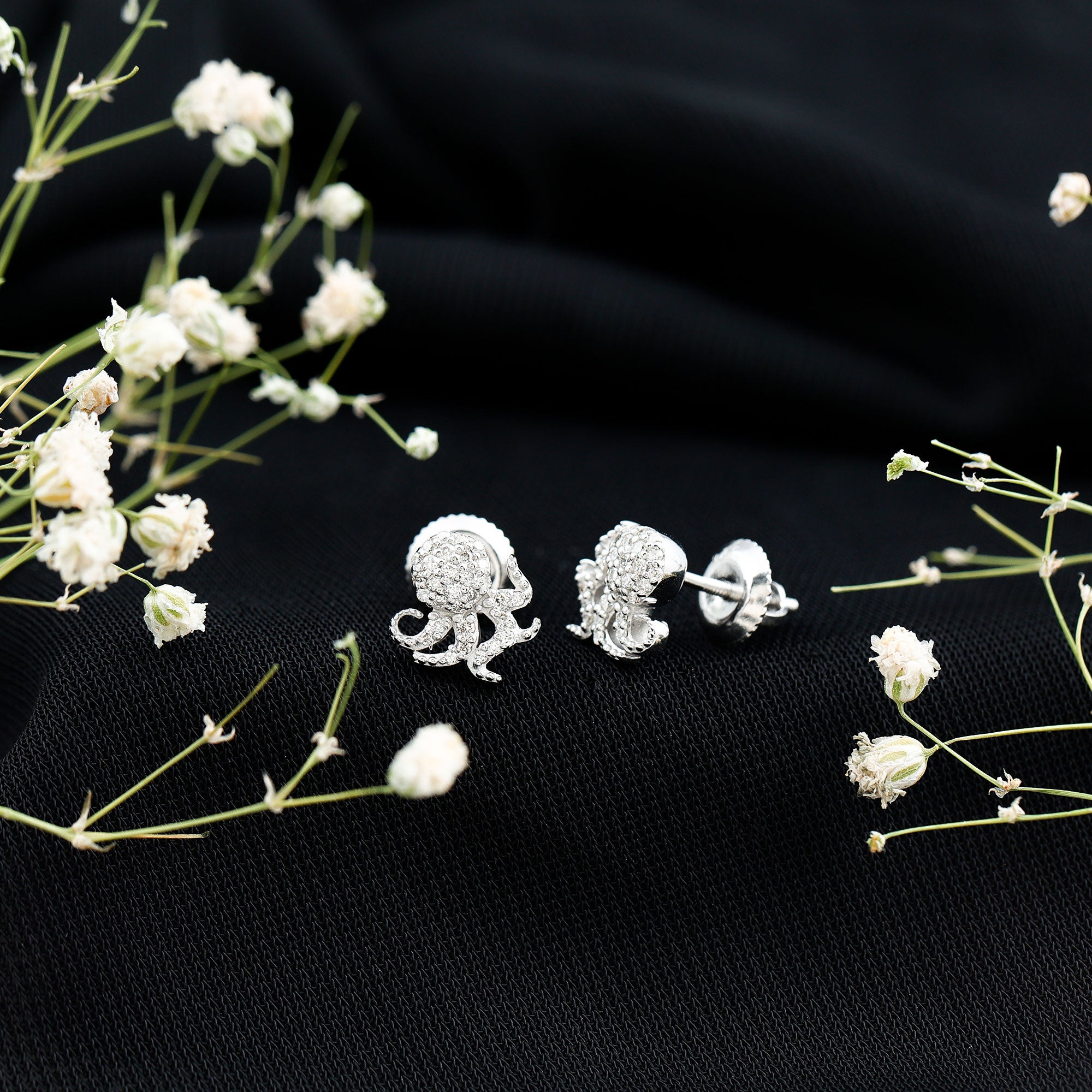 Real Diamond Octopus Stud Earrings for Women Natural - ( HI-SI ) - Rosec Jewels