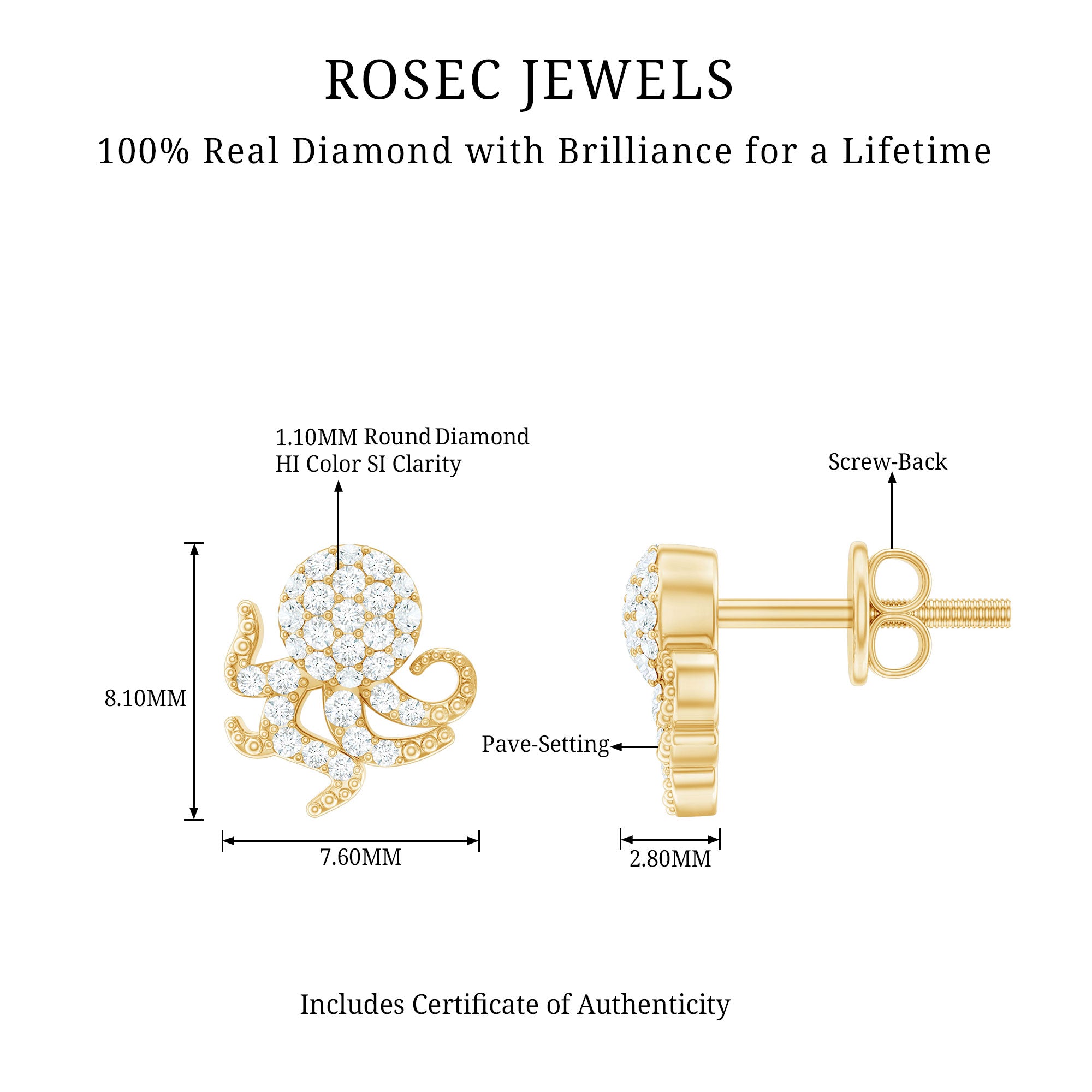 Real Diamond Octopus Stud Earrings for Women Natural - ( HI-SI ) - Rosec Jewels