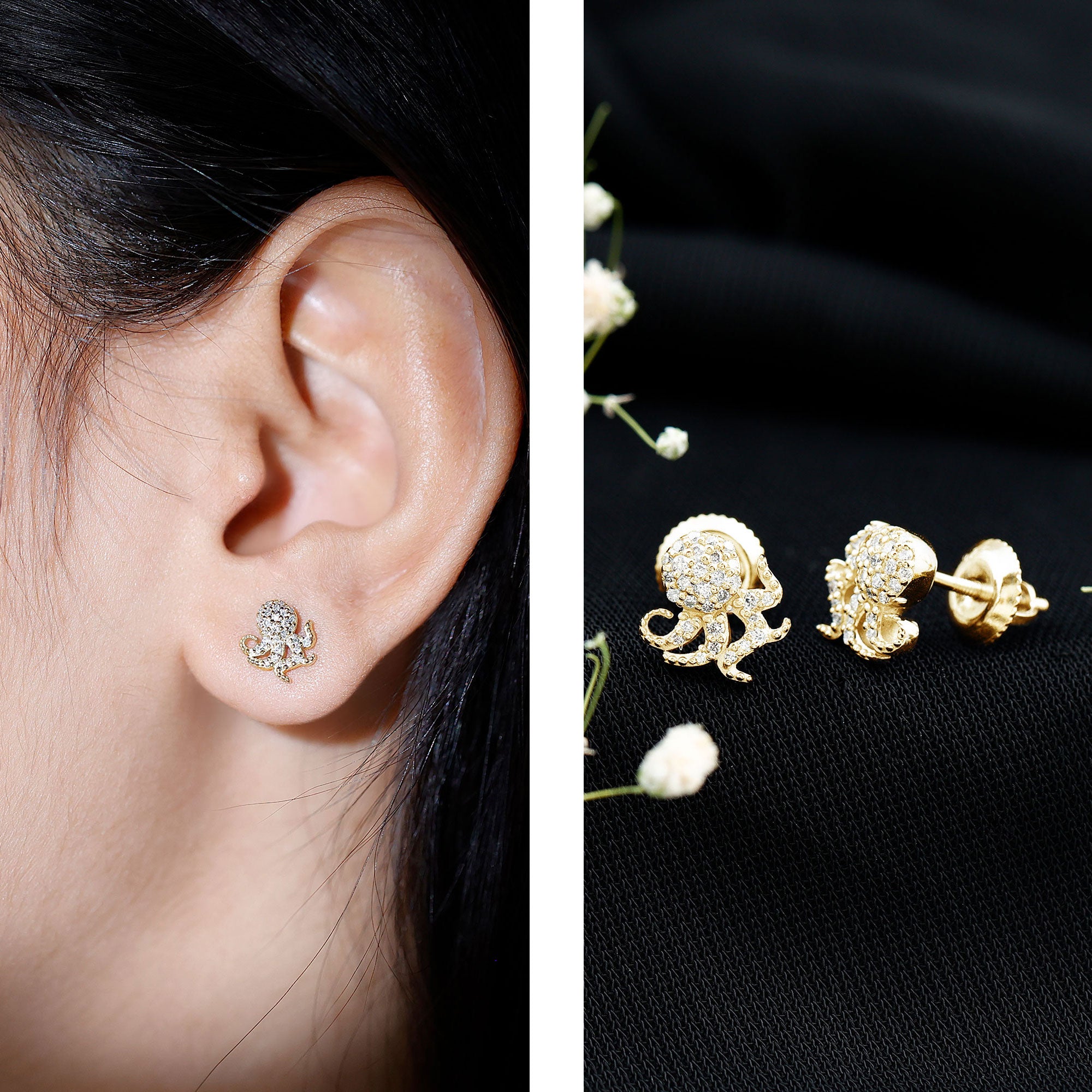 Real Diamond Octopus Stud Earrings for Women Natural - ( HI-SI ) - Rosec Jewels