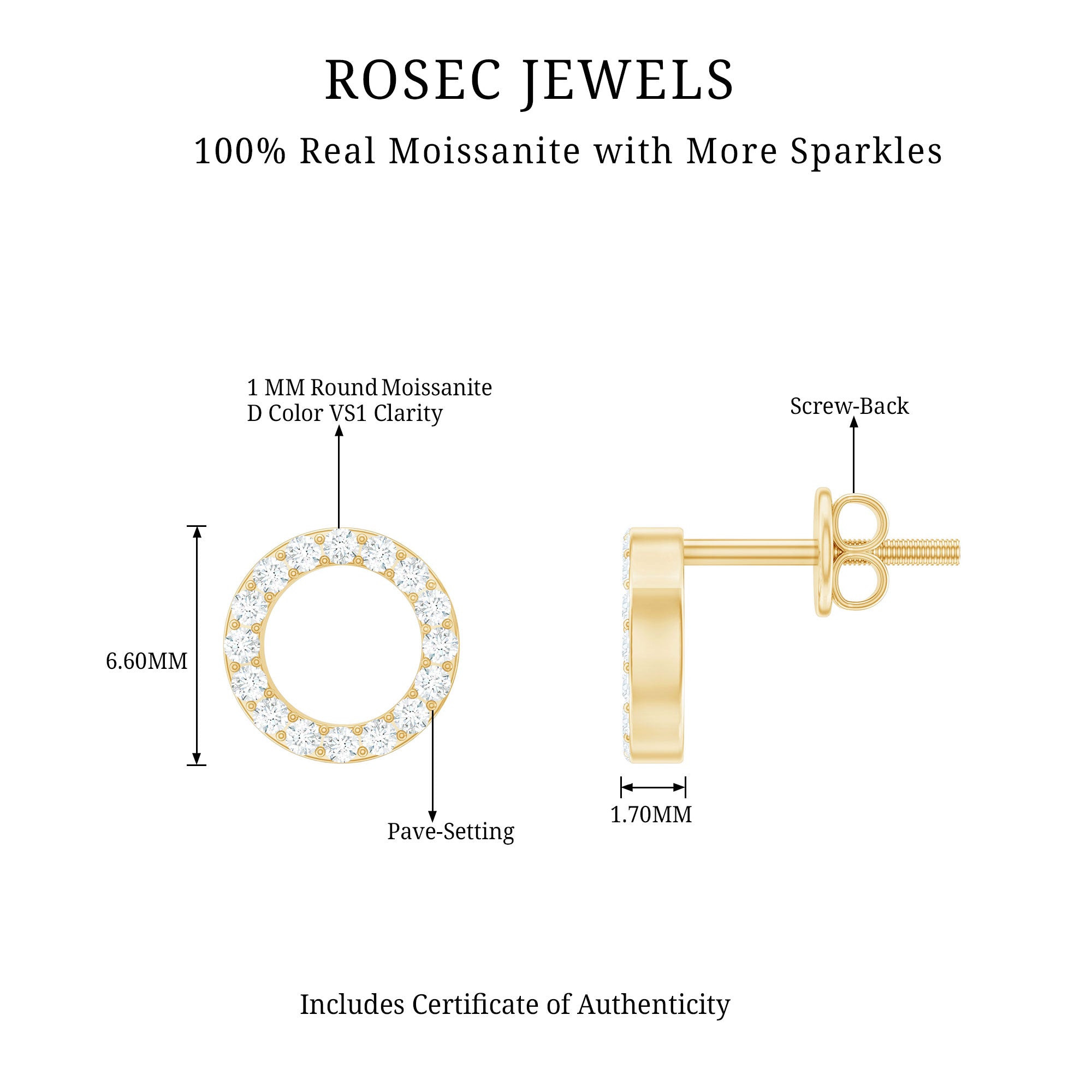 Round Cut Moissanite Eternity Stud Earrings with Screw Back D-VS1 - Rosec Jewels