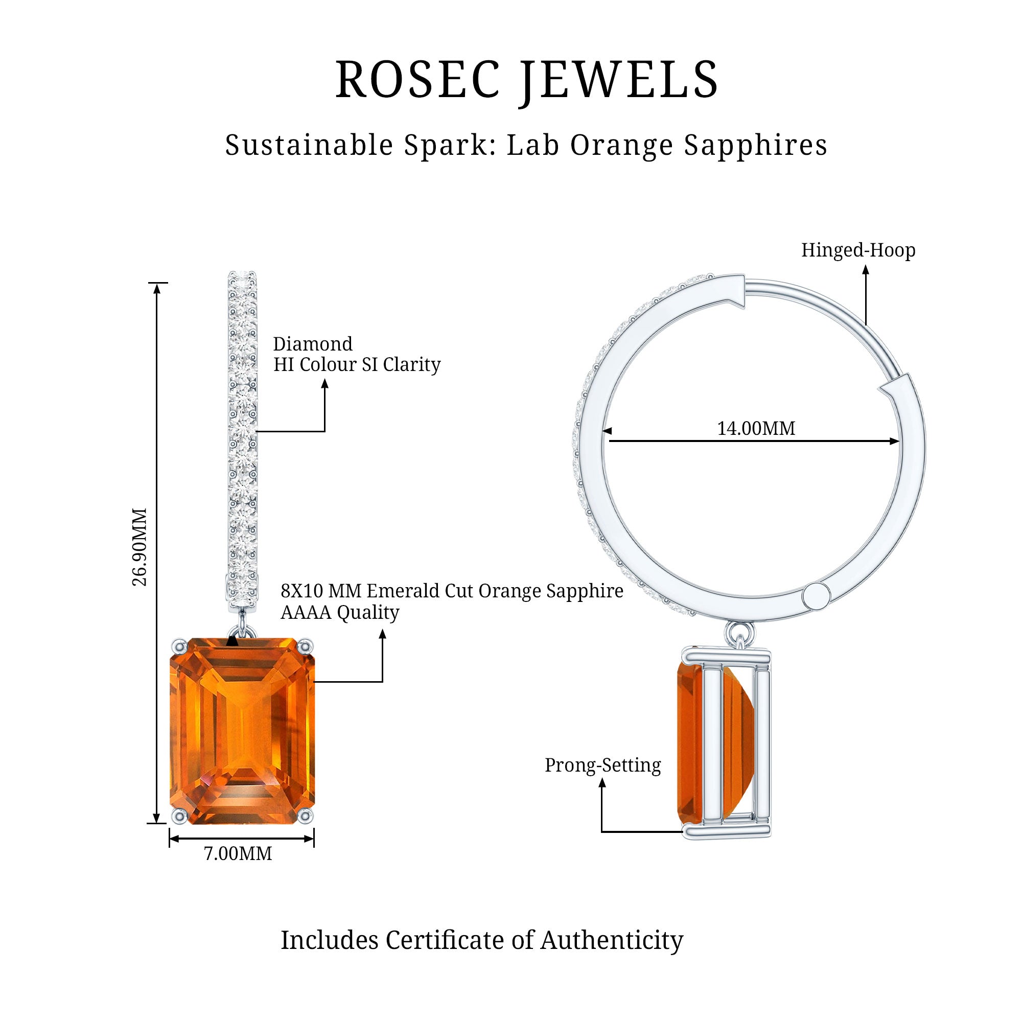 Emerald Cut Lab Grown Orange Sapphire Drop Hoop Earrings with Diamond AAAA - Rosec Jewels