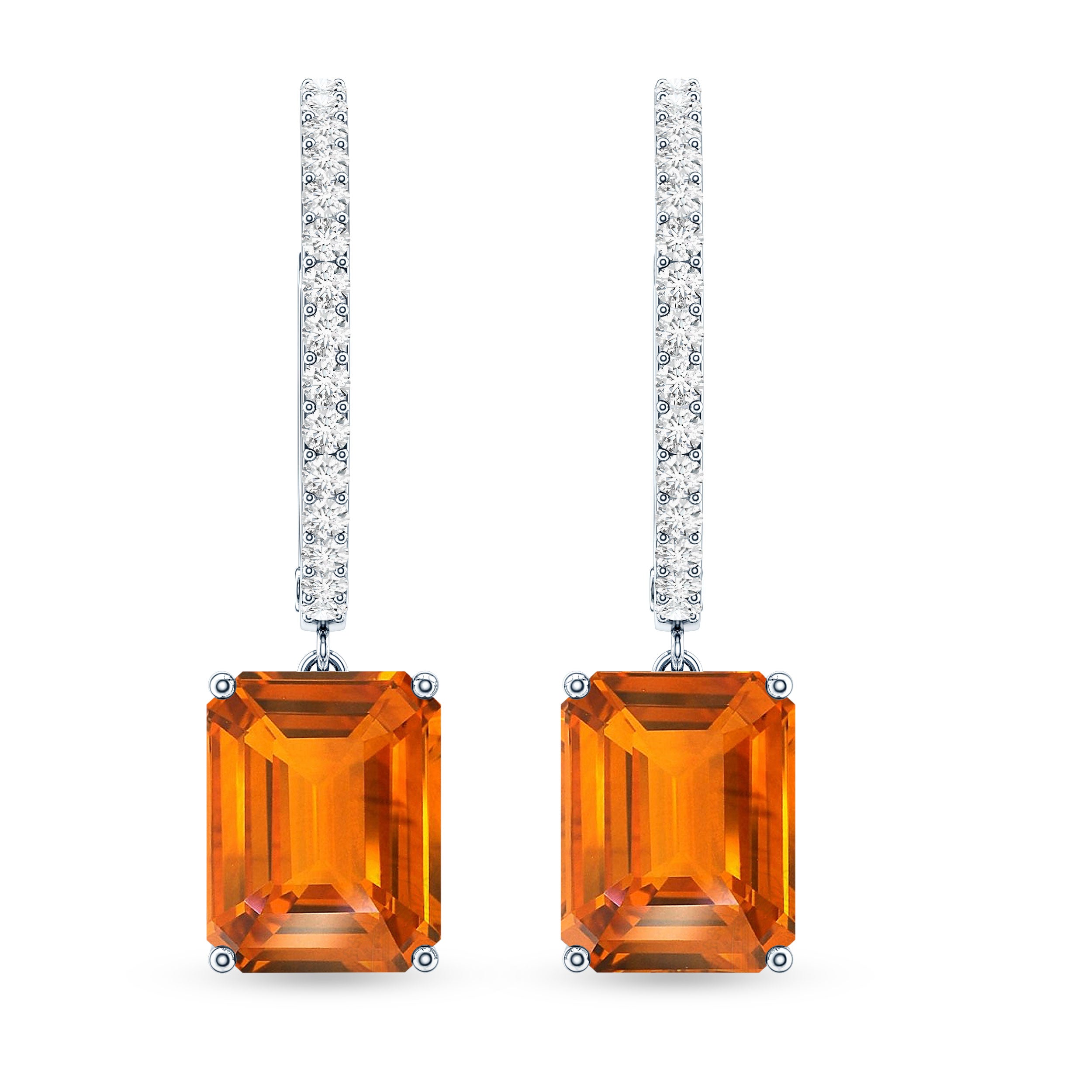Emerald Cut Lab Grown Orange Sapphire Drop Hoop Earrings with Diamond AAAA - Rosec Jewels