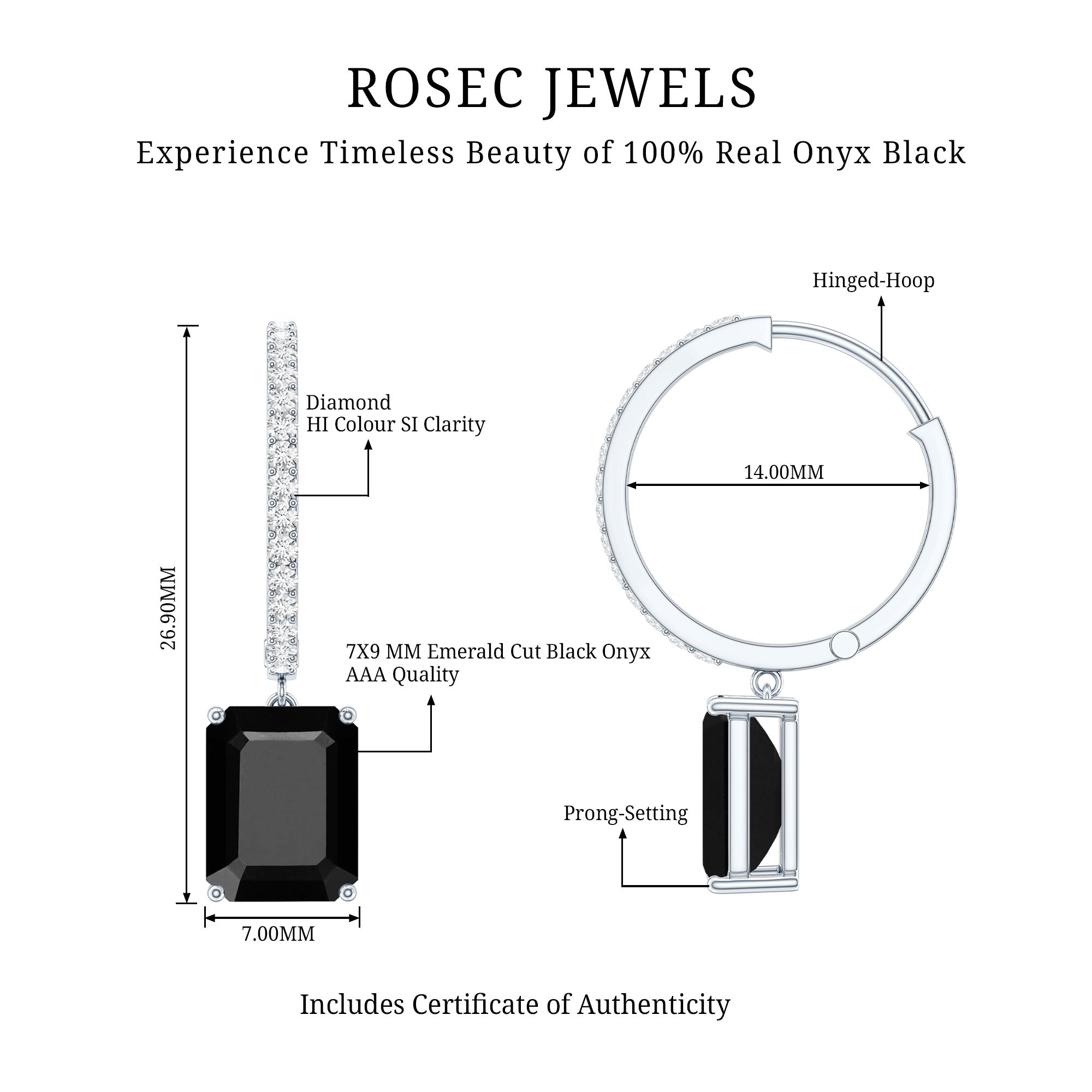 Natural 7X9mm Emerald Cut Black Onyx Hoop Drop Earrings with Diamond AAA - Rosec Jewels