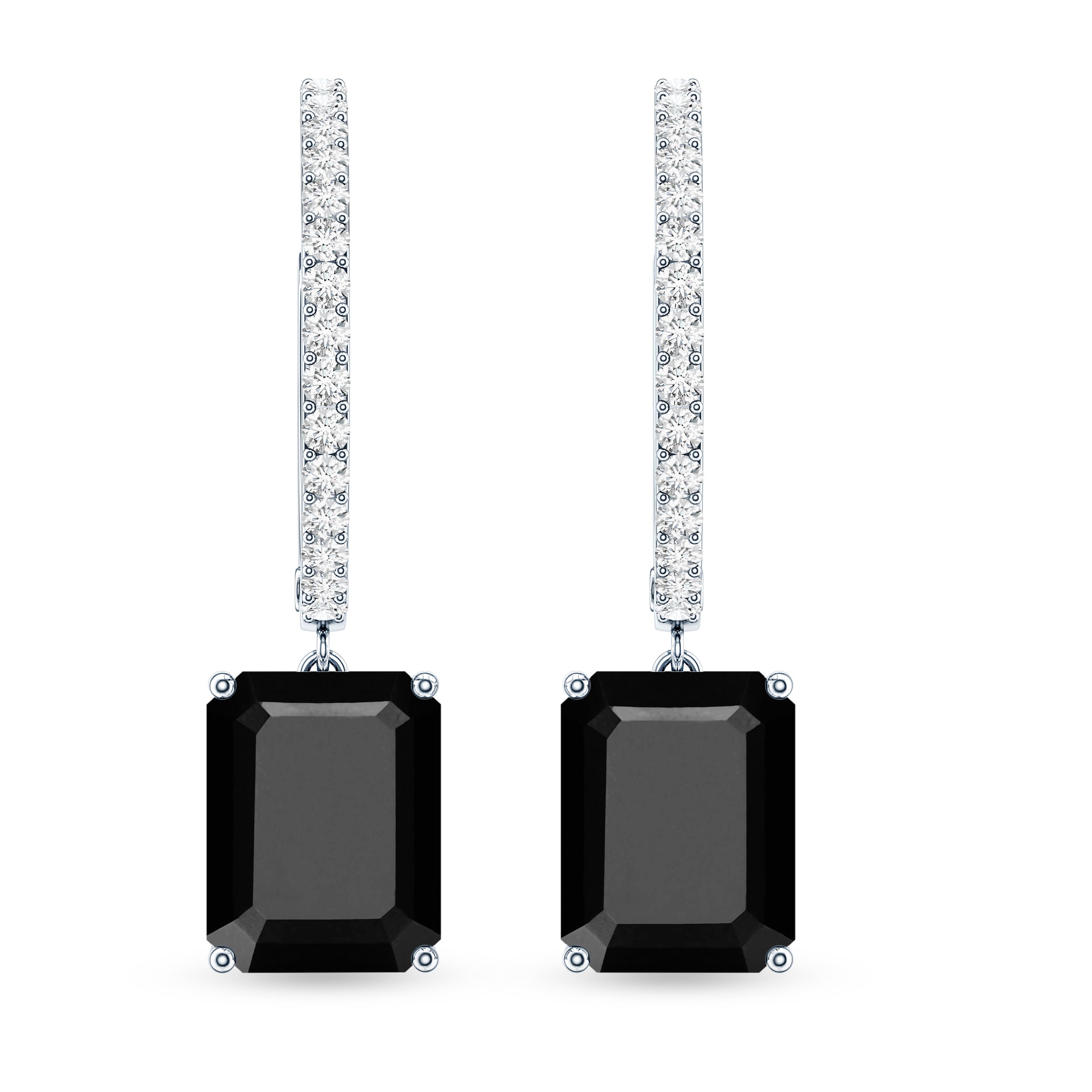 Natural 7X9mm Emerald Cut Black Onyx Hoop Drop Earrings with Diamond AAA - Rosec Jewels