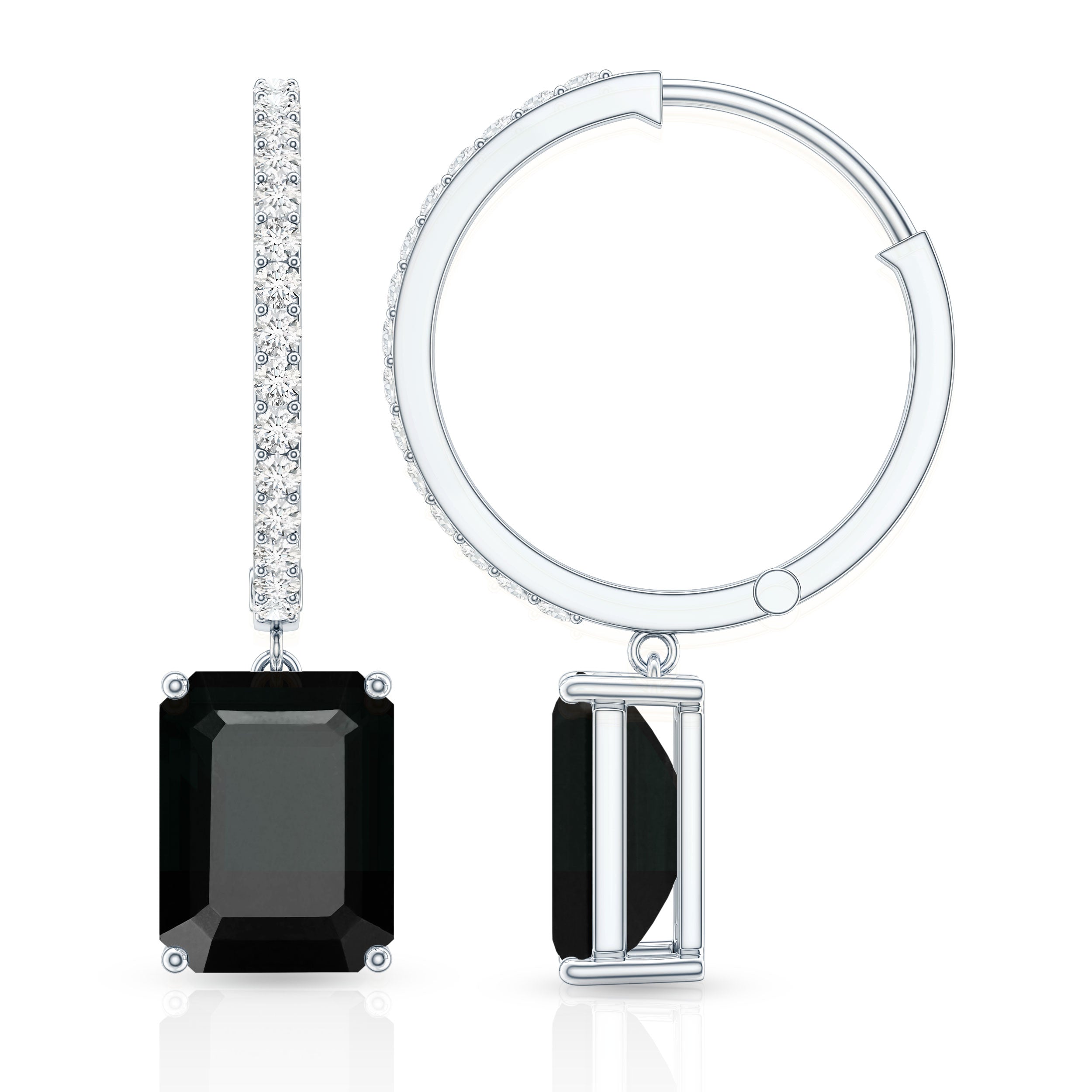 Natural 7X9mm Emerald Cut Black Onyx Hoop Drop Earrings with Diamond AAA - Rosec Jewels