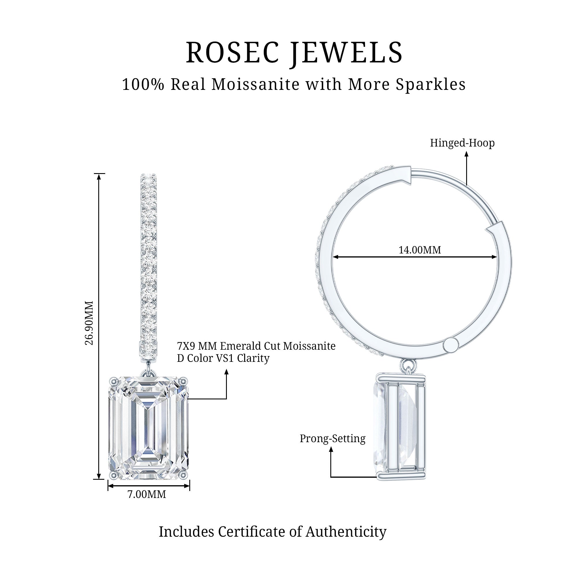 Certified 2.8 Carat Emerald Cut Moissanite Drop Hoop Earrings D-VS1 - Rosec Jewels