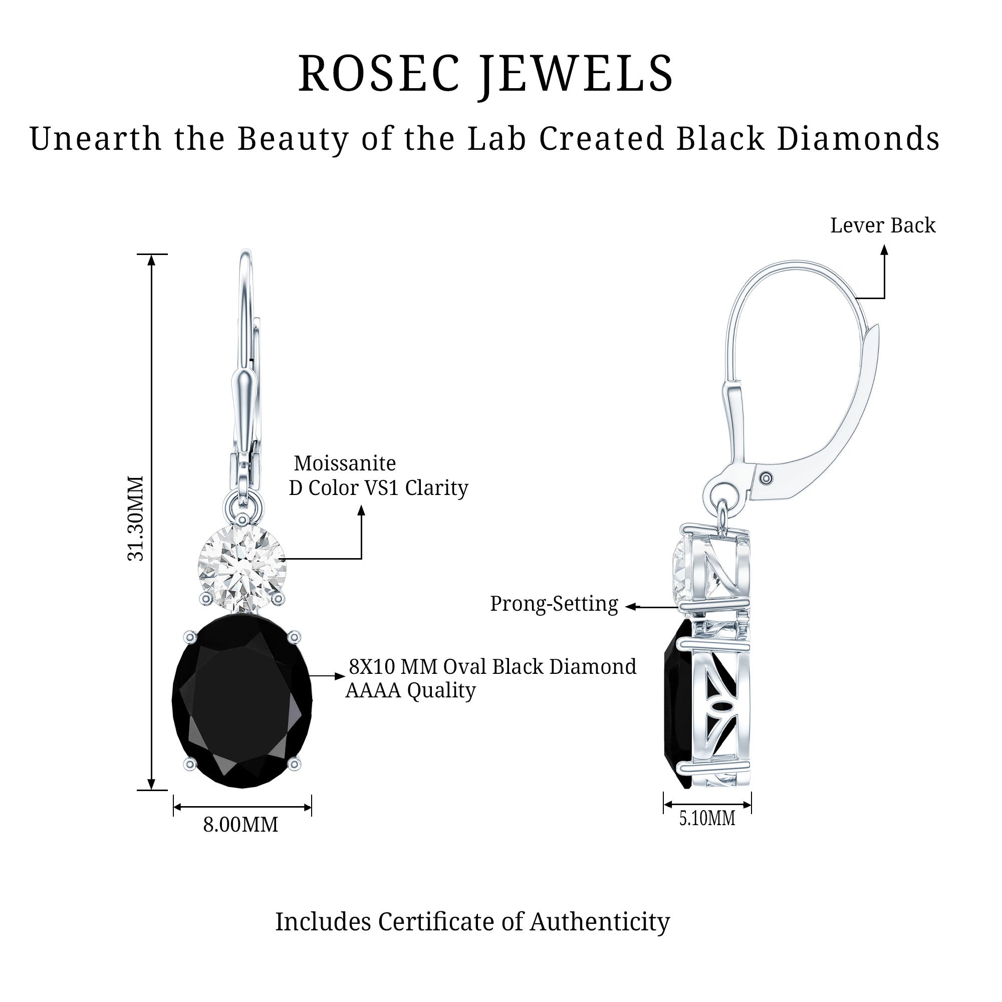 8 Carat Oval Lab Grown Black Diamond Drop Earrings in Silver AAAA ( Synthetic ) 92.5 Sterling Silver - Rosec Jewels