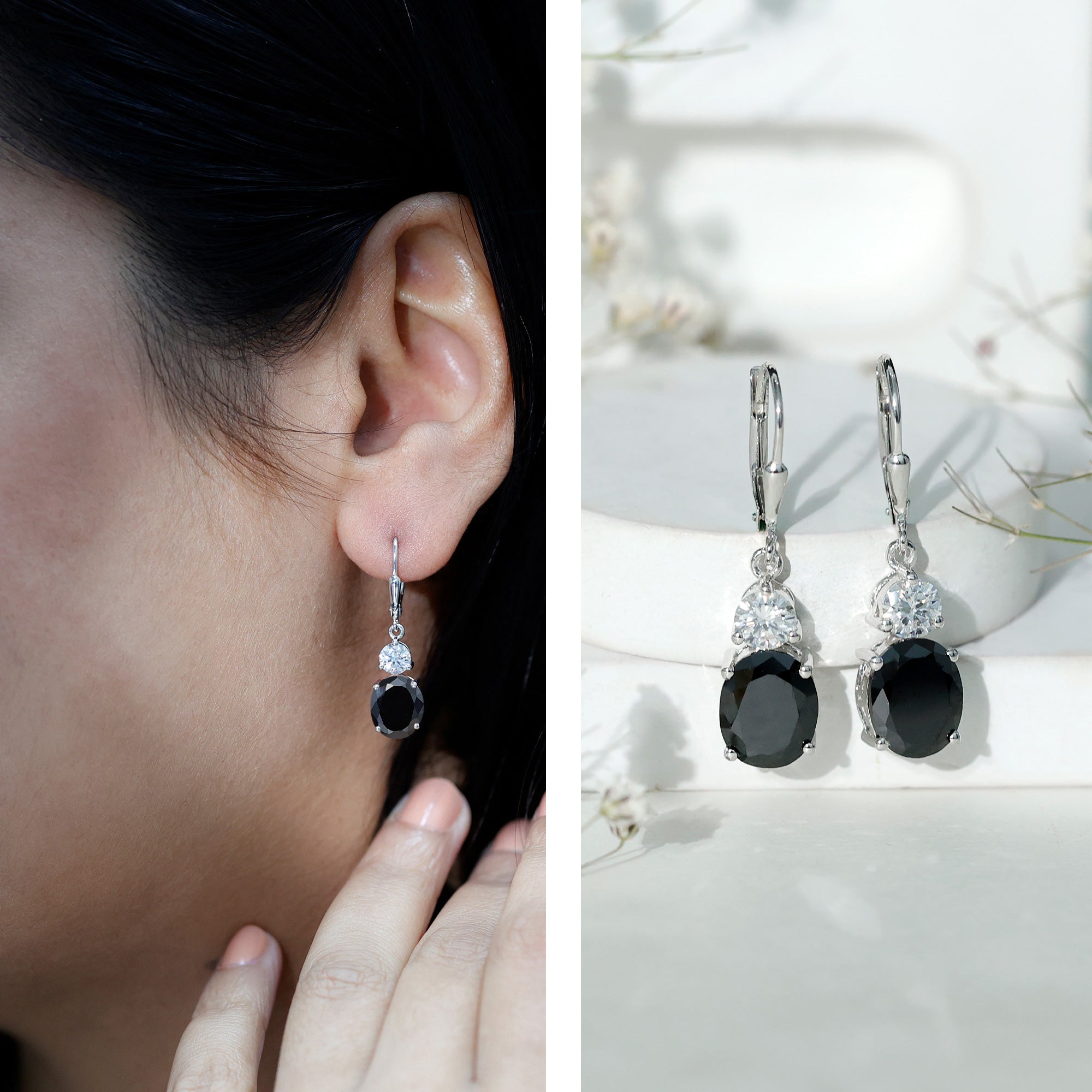8 Carat Oval Lab Grown Black Diamond Drop Earrings in Silver AAAA ( Synthetic ) 92.5 Sterling Silver - Rosec Jewels