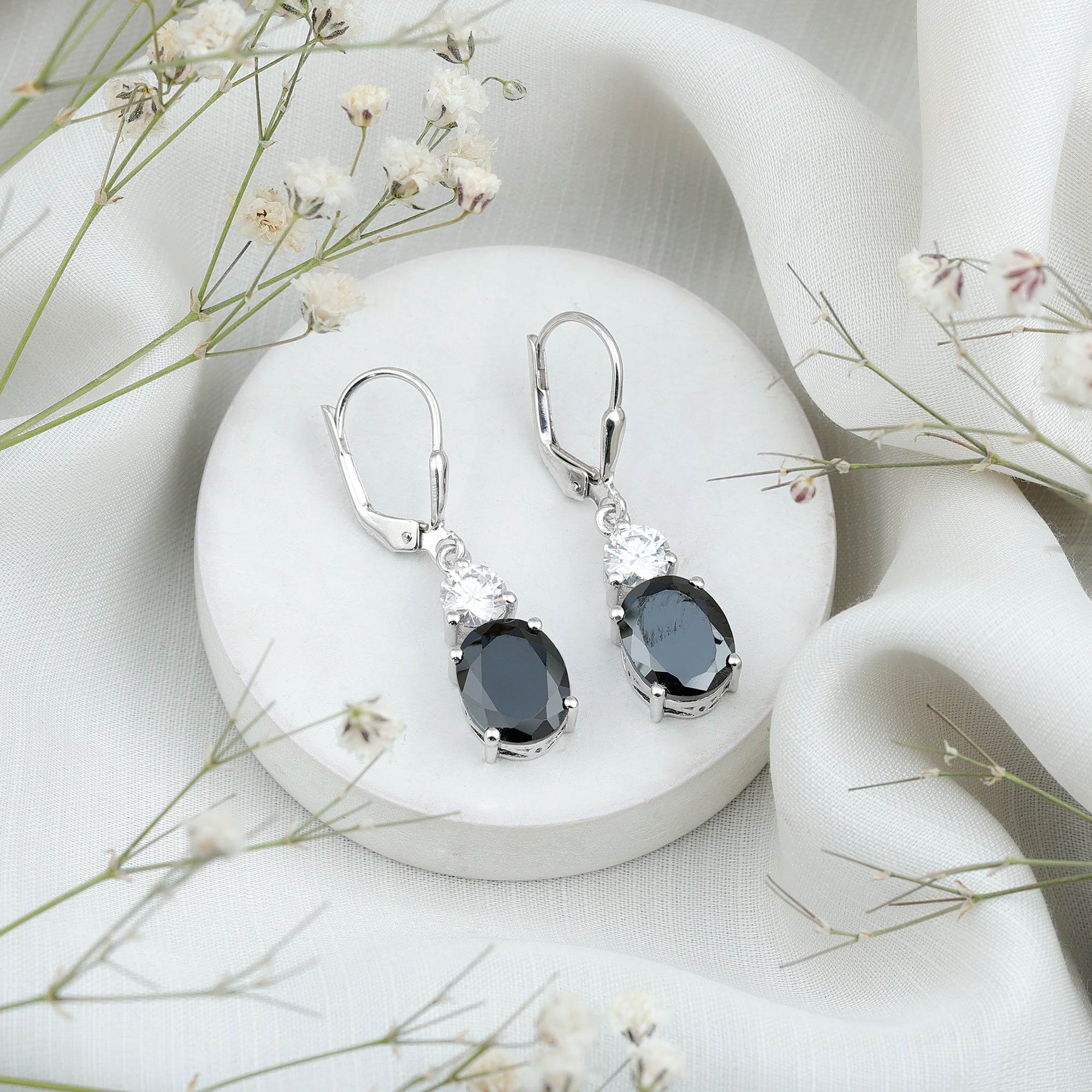 8 Carat Oval Lab Grown Black Diamond Drop Earrings in Silver AAAA ( Synthetic ) 92.5 Sterling Silver - Rosec Jewels