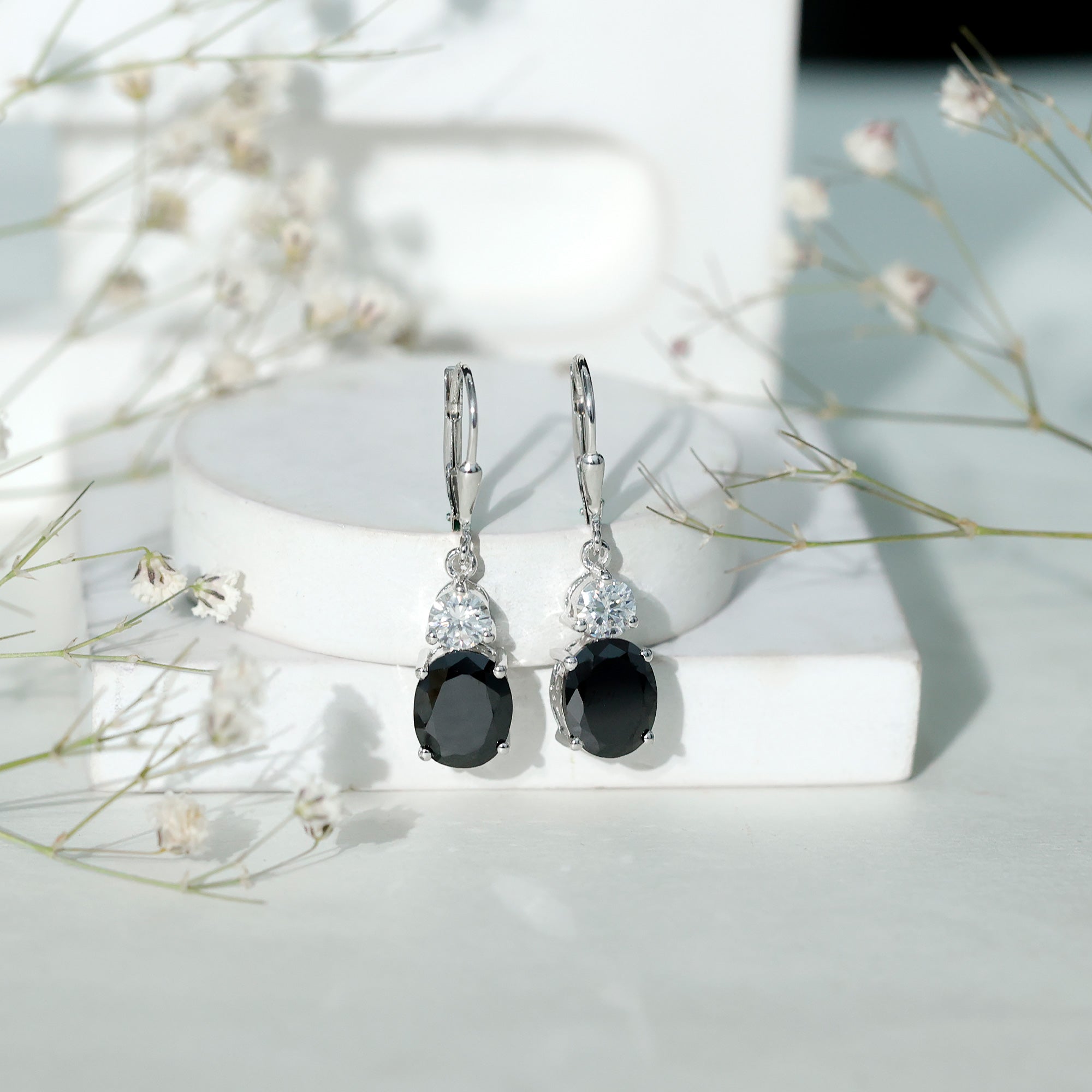 8 Carat Oval Lab Grown Black Diamond Drop Earrings in Silver AAAA ( Synthetic ) 92.5 Sterling Silver - Rosec Jewels