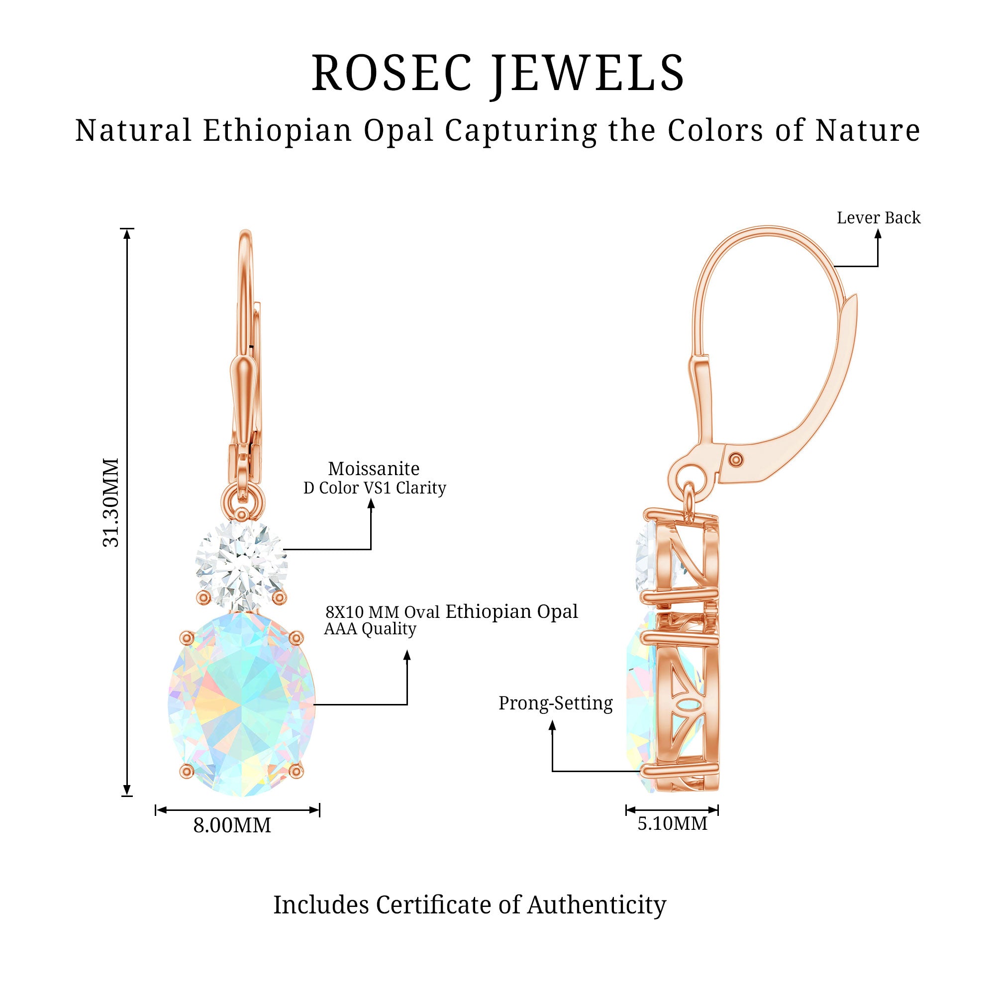 Certified Real 8X10mm Oval Ethiopian Opal Drop Earrings with Moissanite AAA - Rosec Jewels