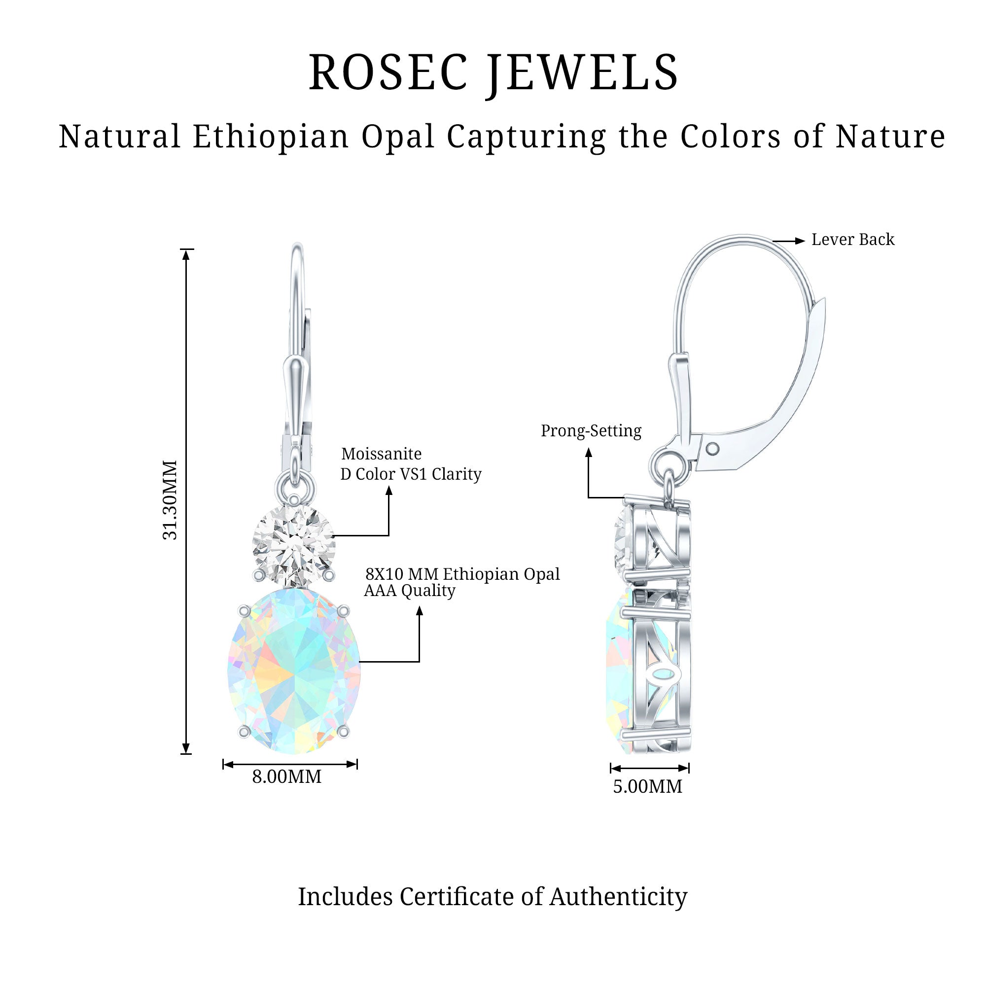 Certified Real 8X10mm Oval Ethiopian Opal Drop Earrings with Moissanite AAA - Rosec Jewels
