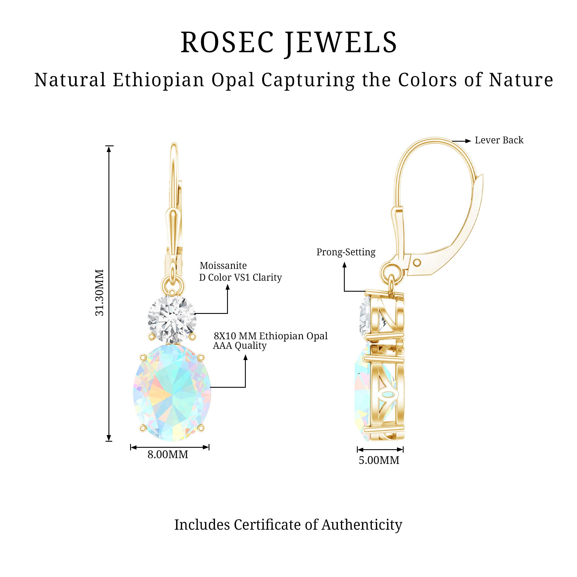 Certified Real 8X10mm Oval Ethiopian Opal Drop Earrings with Moissanite AAA - Rosec Jewels