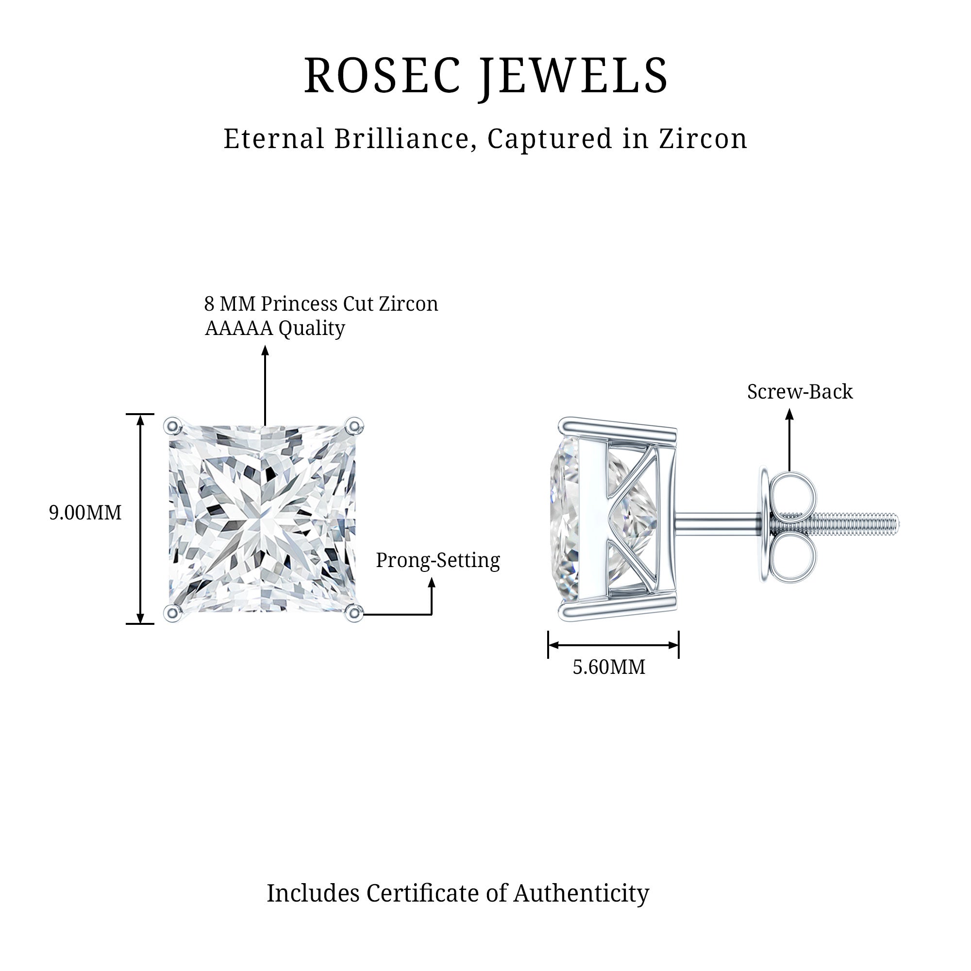 6 Carat Princess Cut Cubic Zirconia Solitaire Stud Earrings in Silver AAAAA 92.5 Sterling Silver - Rosec Jewels