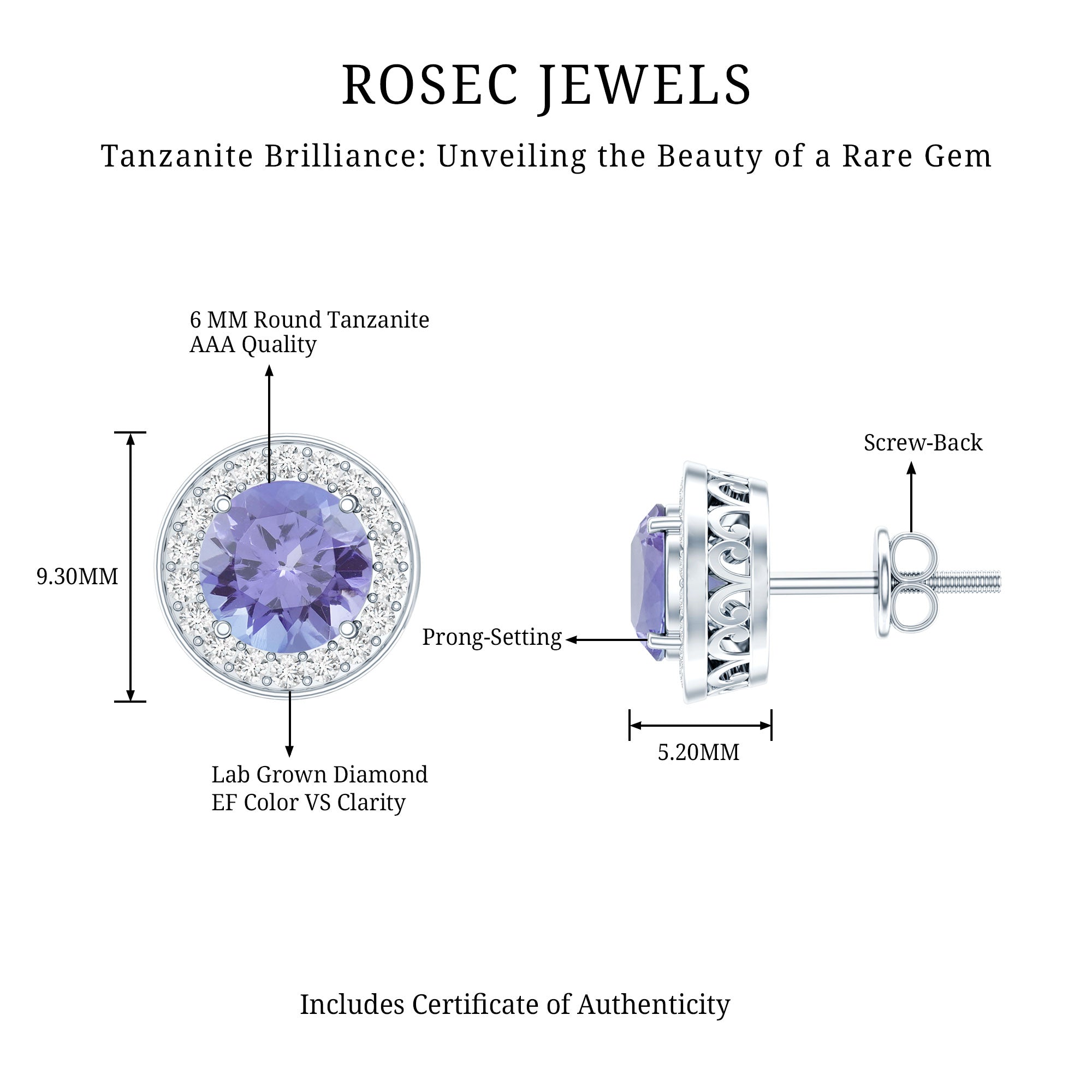Natural 1.89 Carat Tanzanite and Diamond Stud Earrings For Women AAA 92.5 Sterling Silver - Rosec Jewels