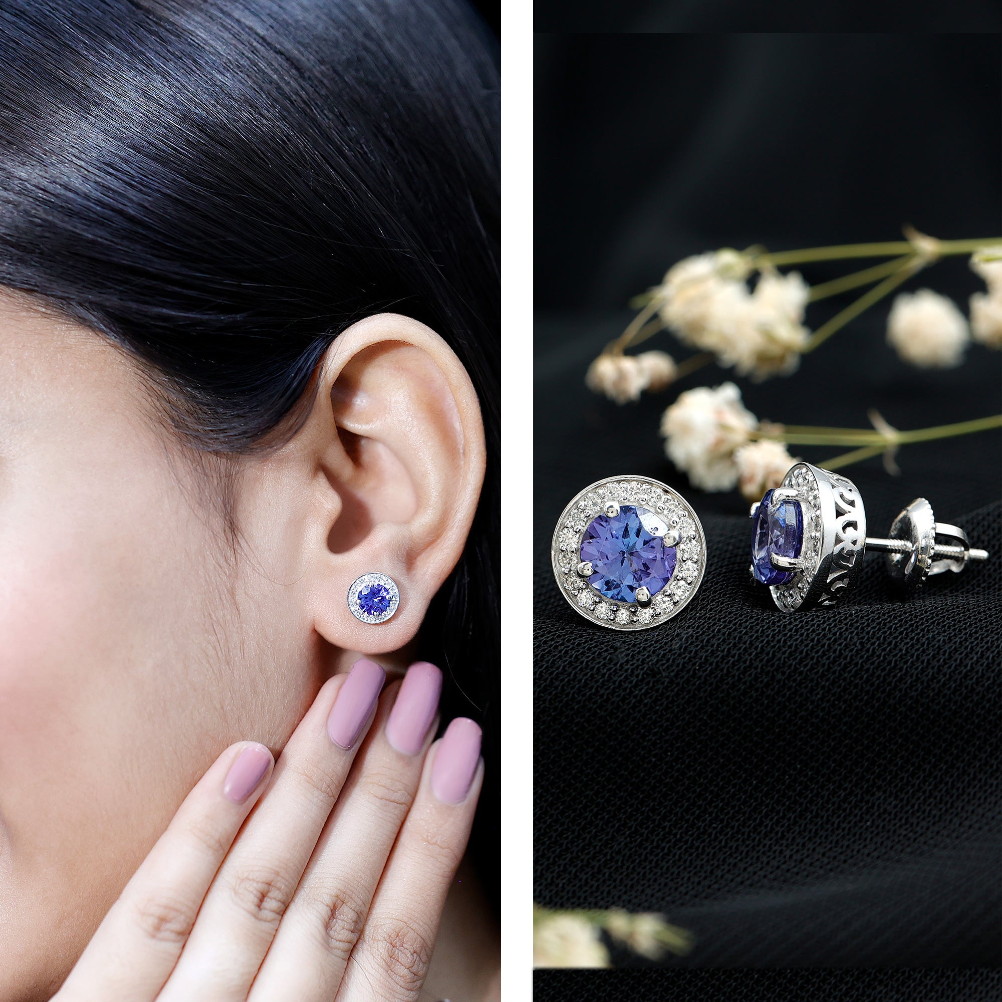 Natural 1.89 Carat Tanzanite and Diamond Stud Earrings For Women AAA 92.5 Sterling Silver - Rosec Jewels