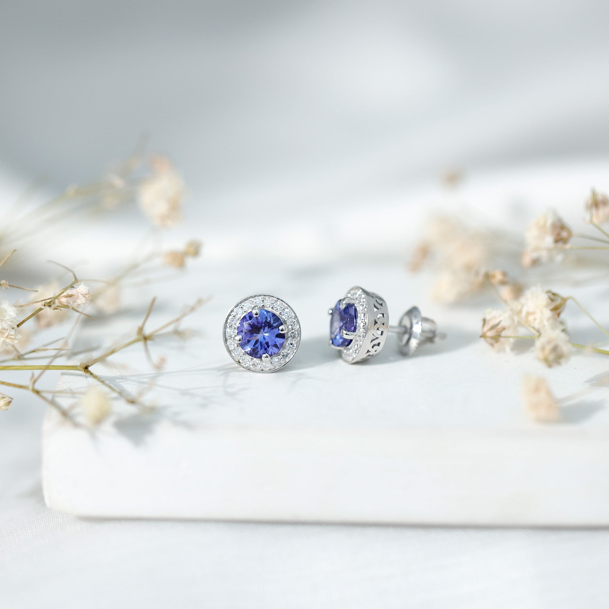 Natural 1.89 Carat Tanzanite and Diamond Stud Earrings For Women AAA 92.5 Sterling Silver - Rosec Jewels