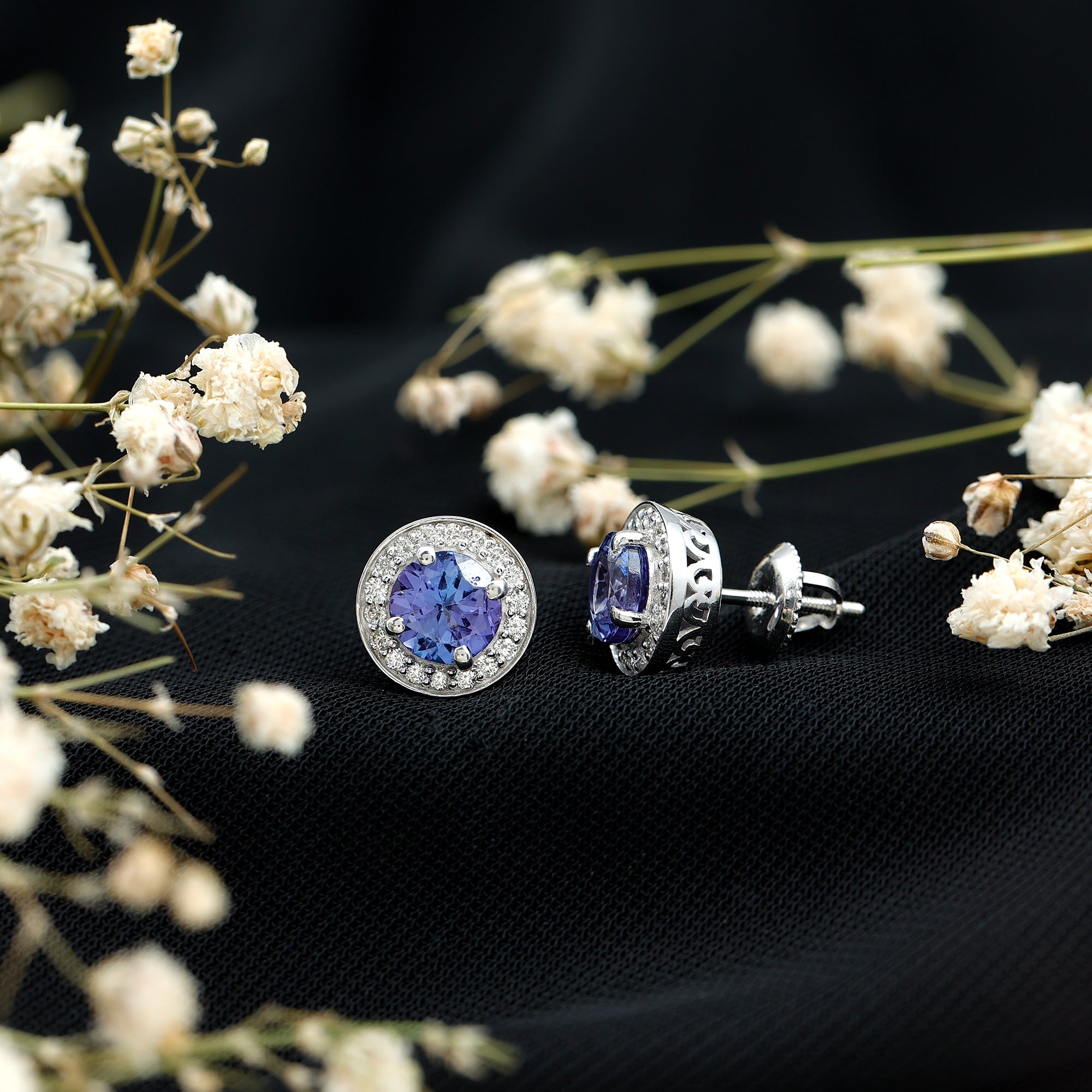 Natural 1.89 Carat Tanzanite and Diamond Stud Earrings For Women AAA 92.5 Sterling Silver - Rosec Jewels