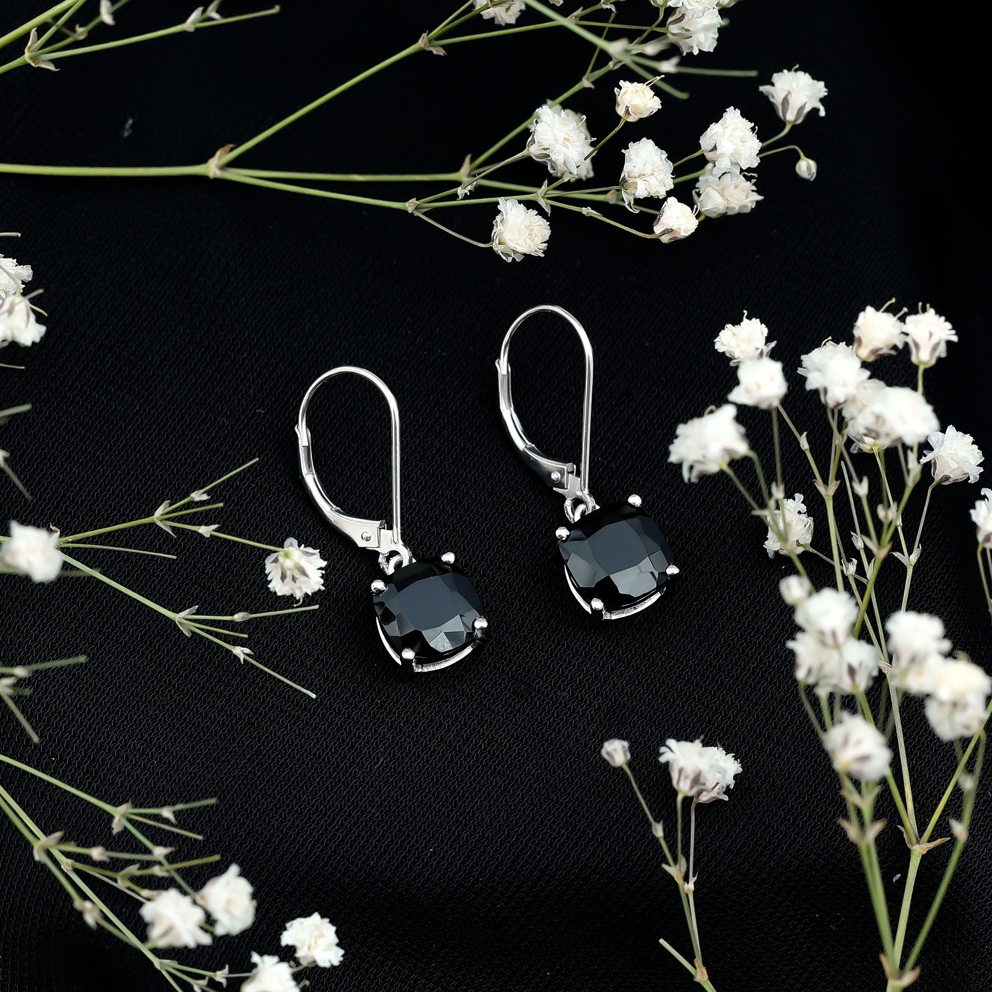Genuine 8mm Cushion Cut Black Spinel Drop Earrings Lever Back AAA - Rosec Jewels