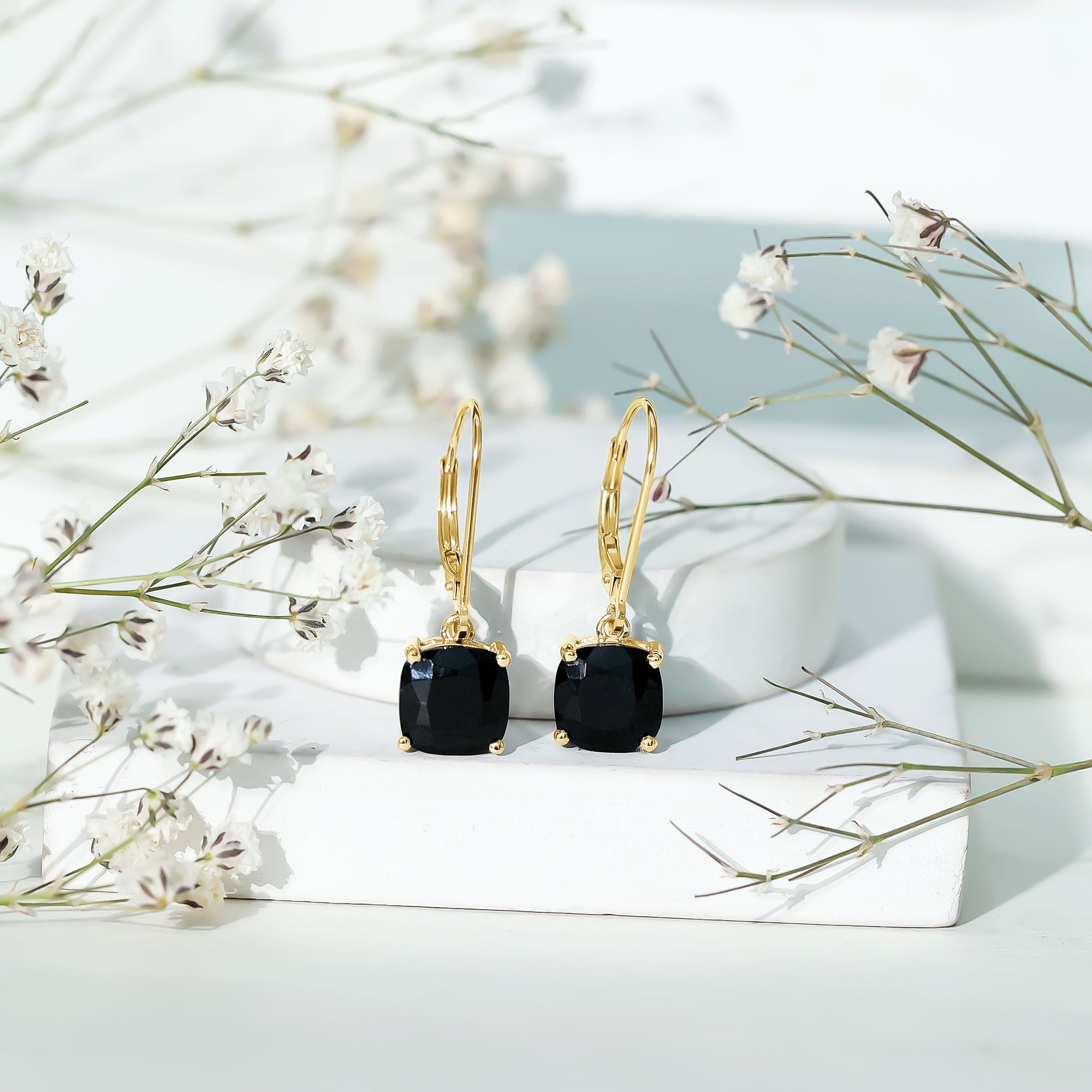 Genuine 8mm Cushion Cut Black Spinel Drop Earrings Lever Back AAA - Rosec Jewels