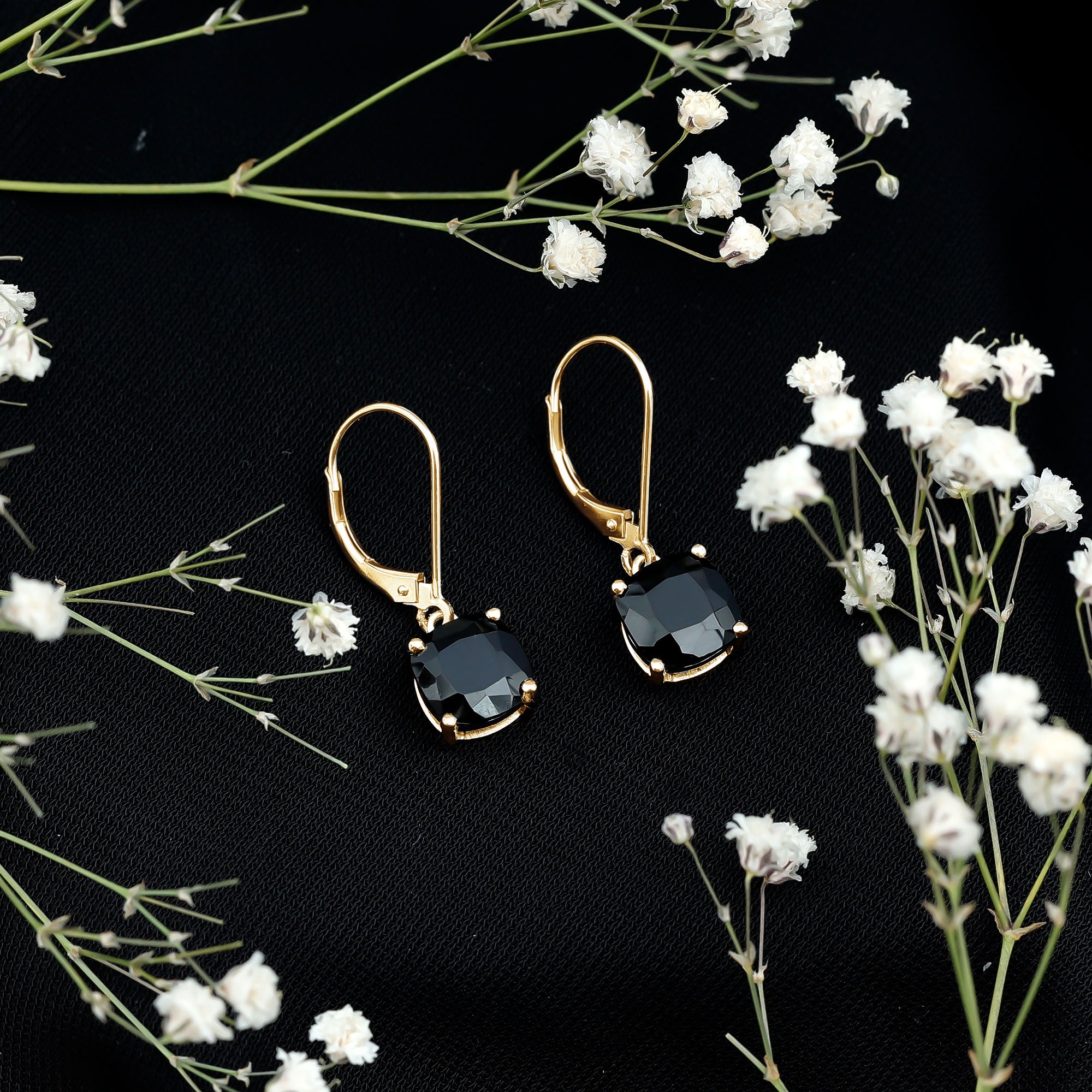 Genuine 8mm Cushion Cut Black Spinel Drop Earrings Lever Back AAA - Rosec Jewels